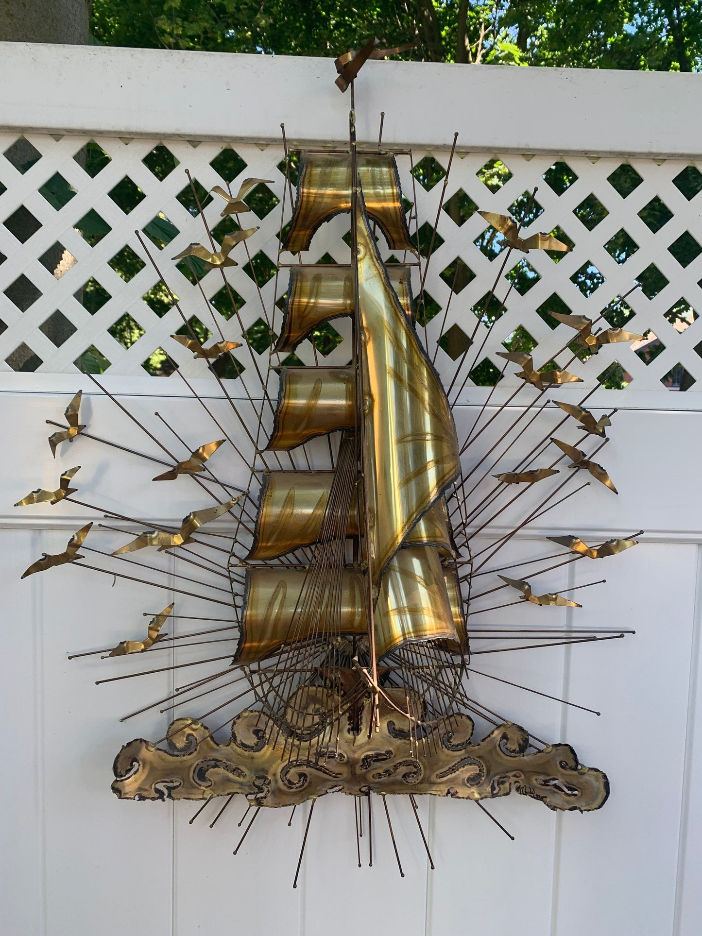 Retro 1983 Large Brass Ship Metal Sculpture by Mostel