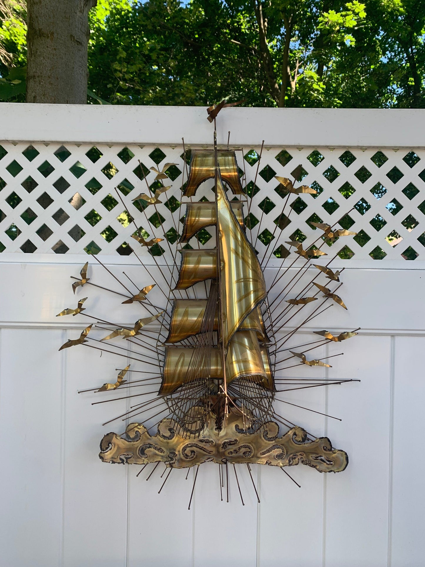 Retro 1983 Large Brass Ship Metal Sculpture by Mostel