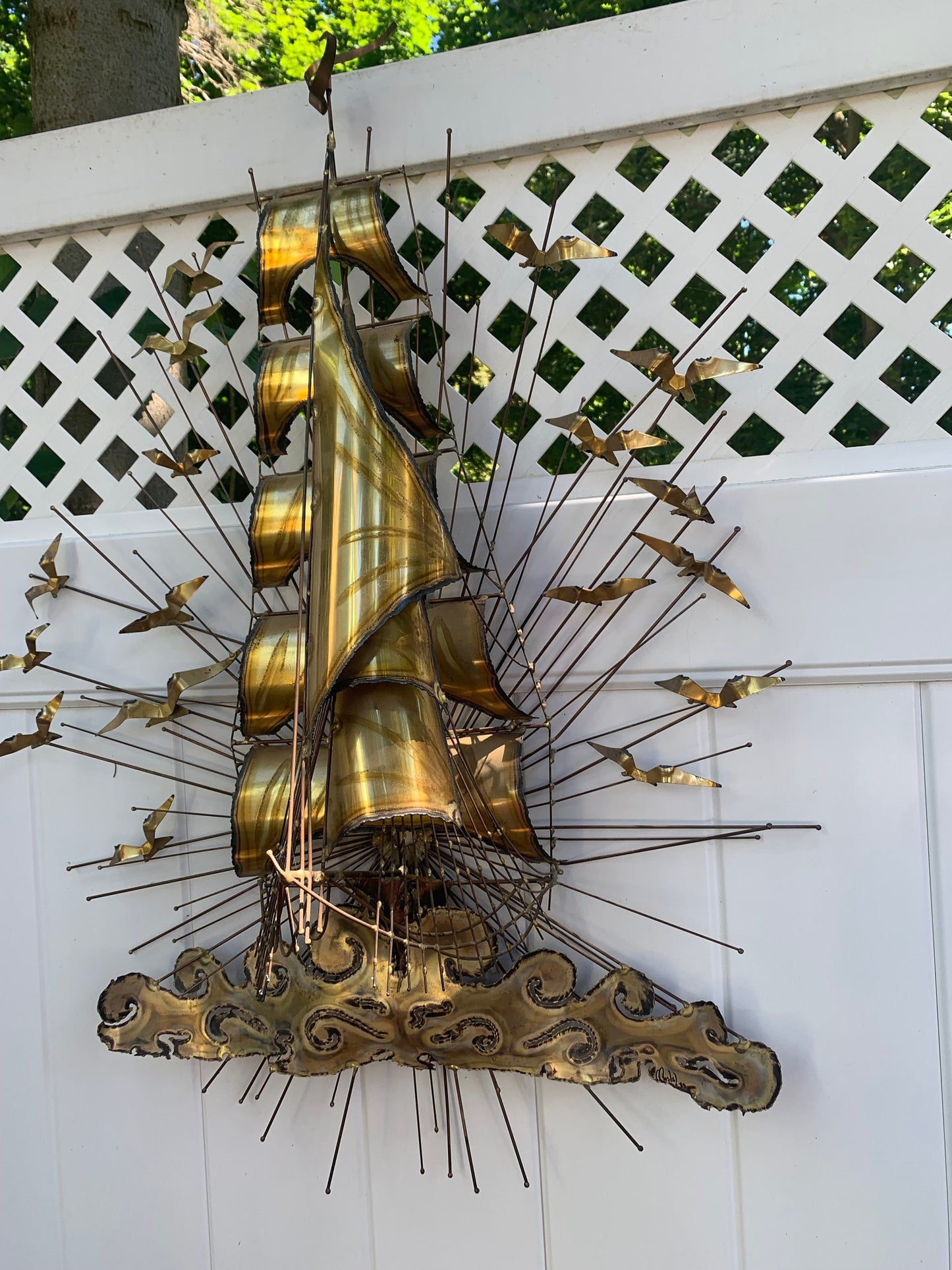 Retro 1983 Large Brass Ship Metal Sculpture by Mostel