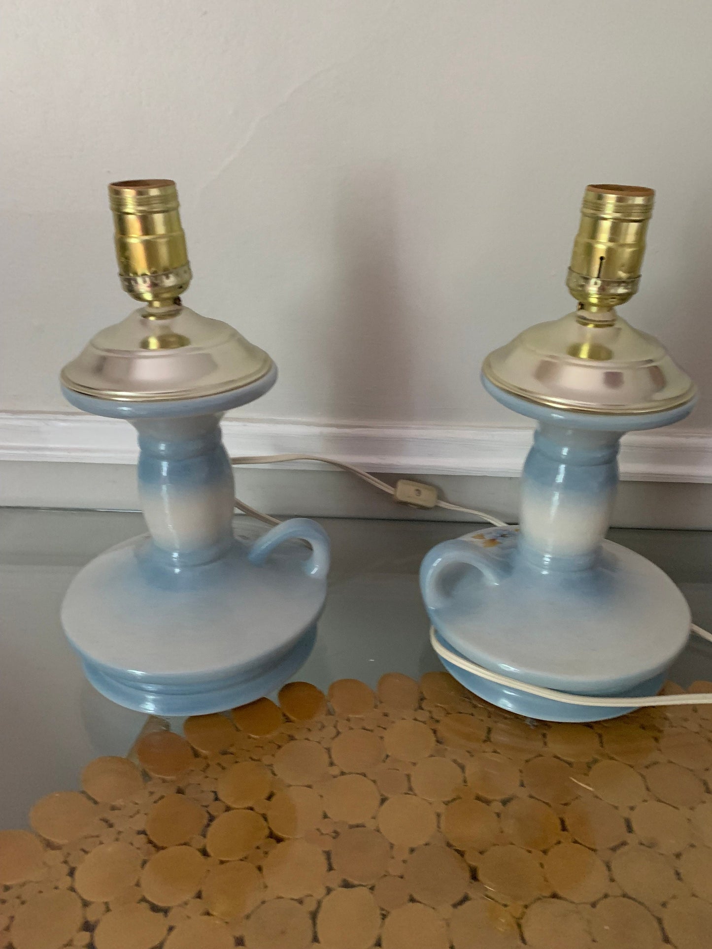 Pair of Small Vintage Soft Blue Ceramic Table Lamps No Shades