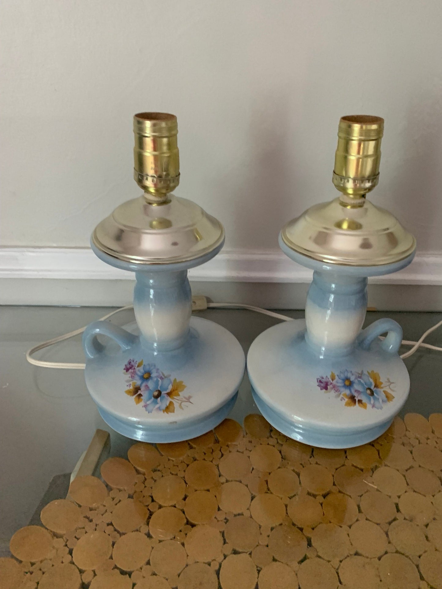 Pair of Small Vintage Soft Blue Ceramic Table Lamps No Shades