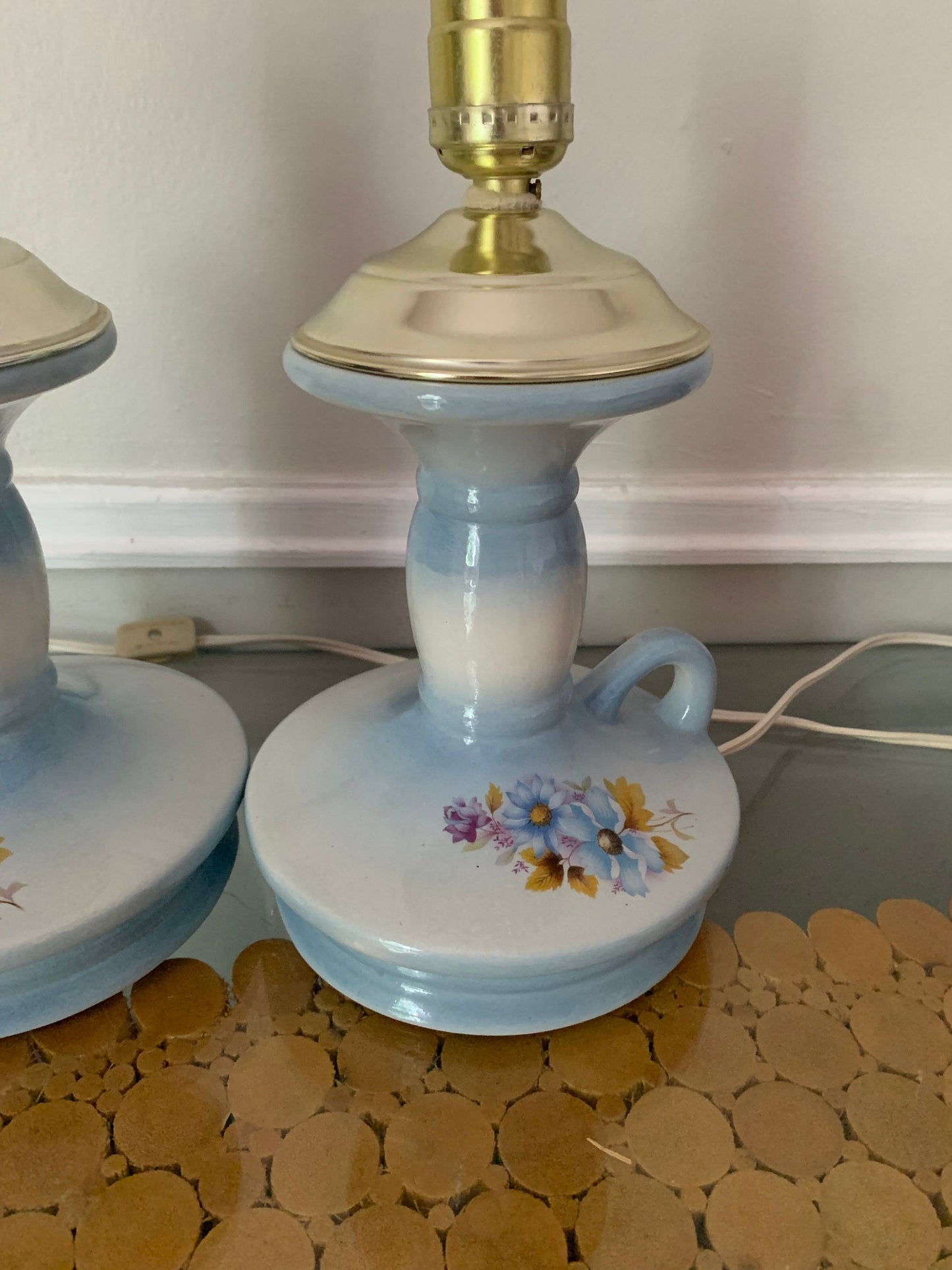 Pair of Small Vintage Soft Blue Ceramic Table Lamps No Shades