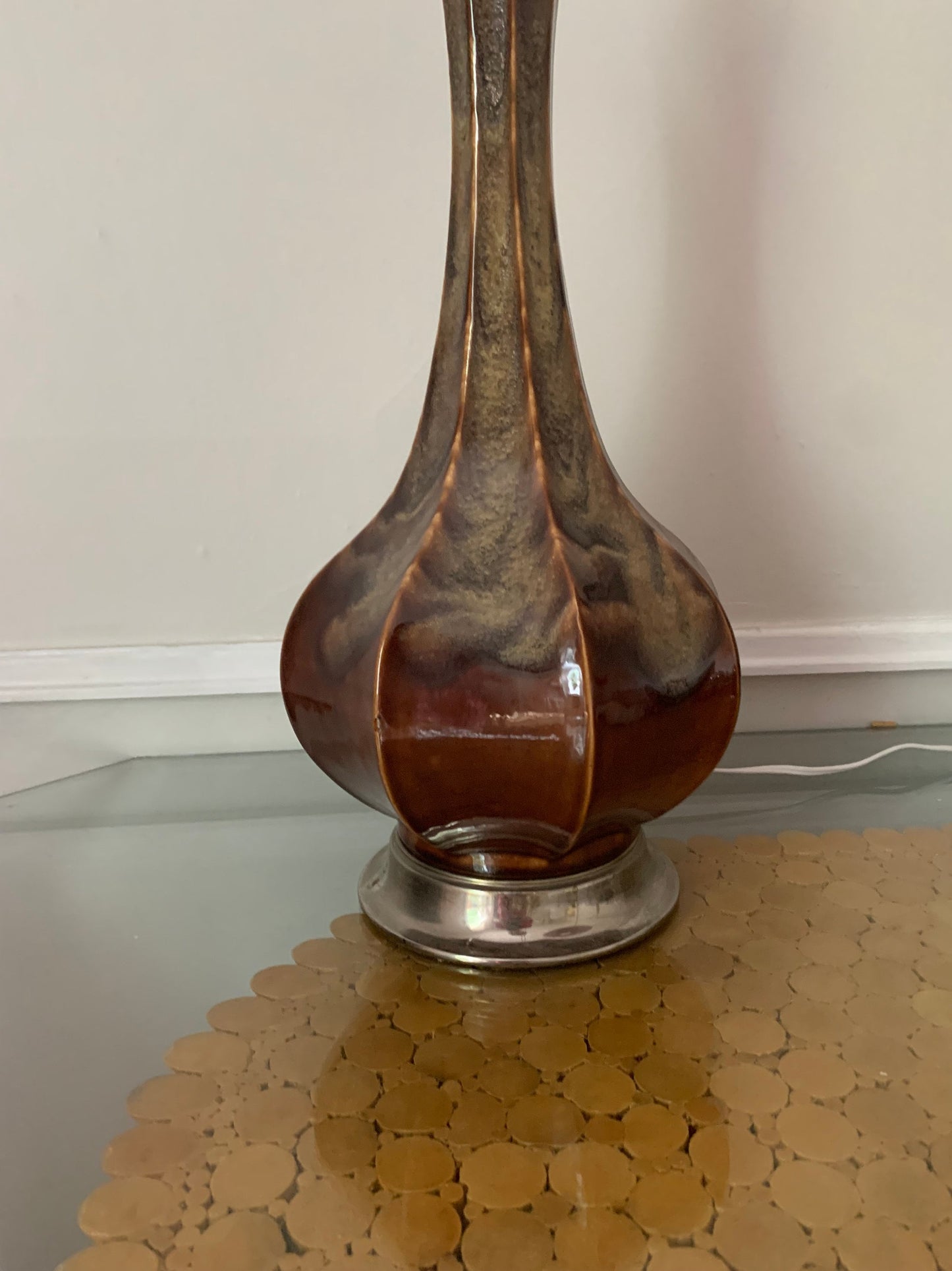 MCM Tall Glazed Brown Pottery Table Lamp No Shade