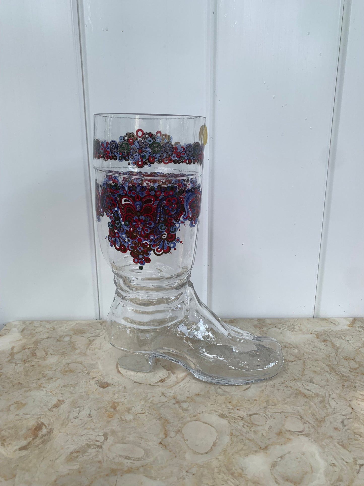 Vintage Extra Large Glass Boot with Blue and Red Paisley Print Made in Germany