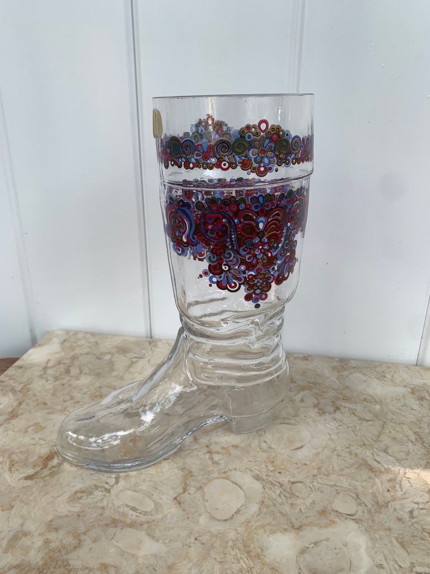 Vintage Extra Large Glass Boot with Blue and Red Paisley Print Made in Germany