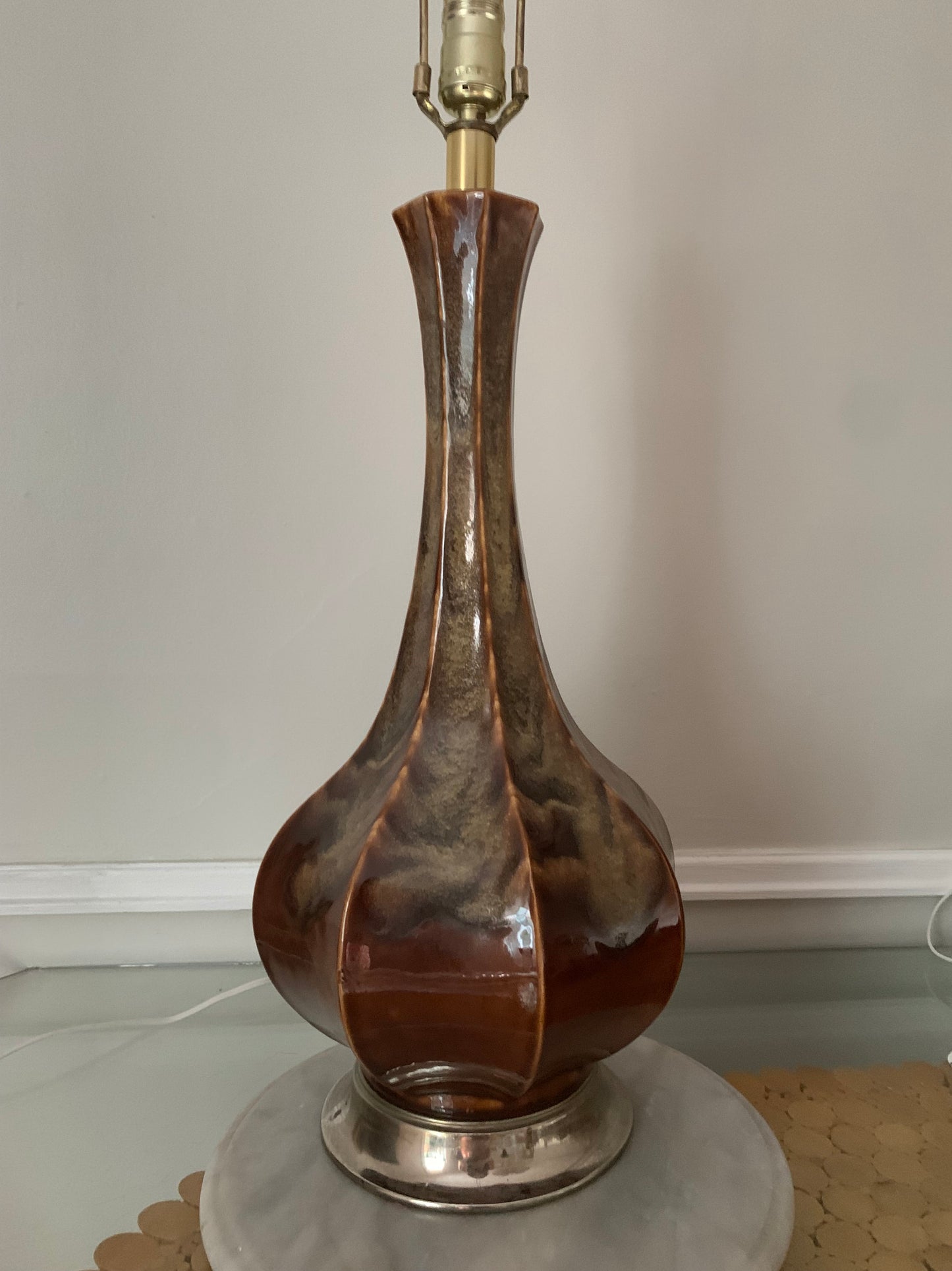 MCM Tall Glazed Brown Pottery Table Lamp No Shade