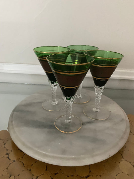 Vintage Set of 4 Short Emerald Green Wine Glasses with Brown and Gold