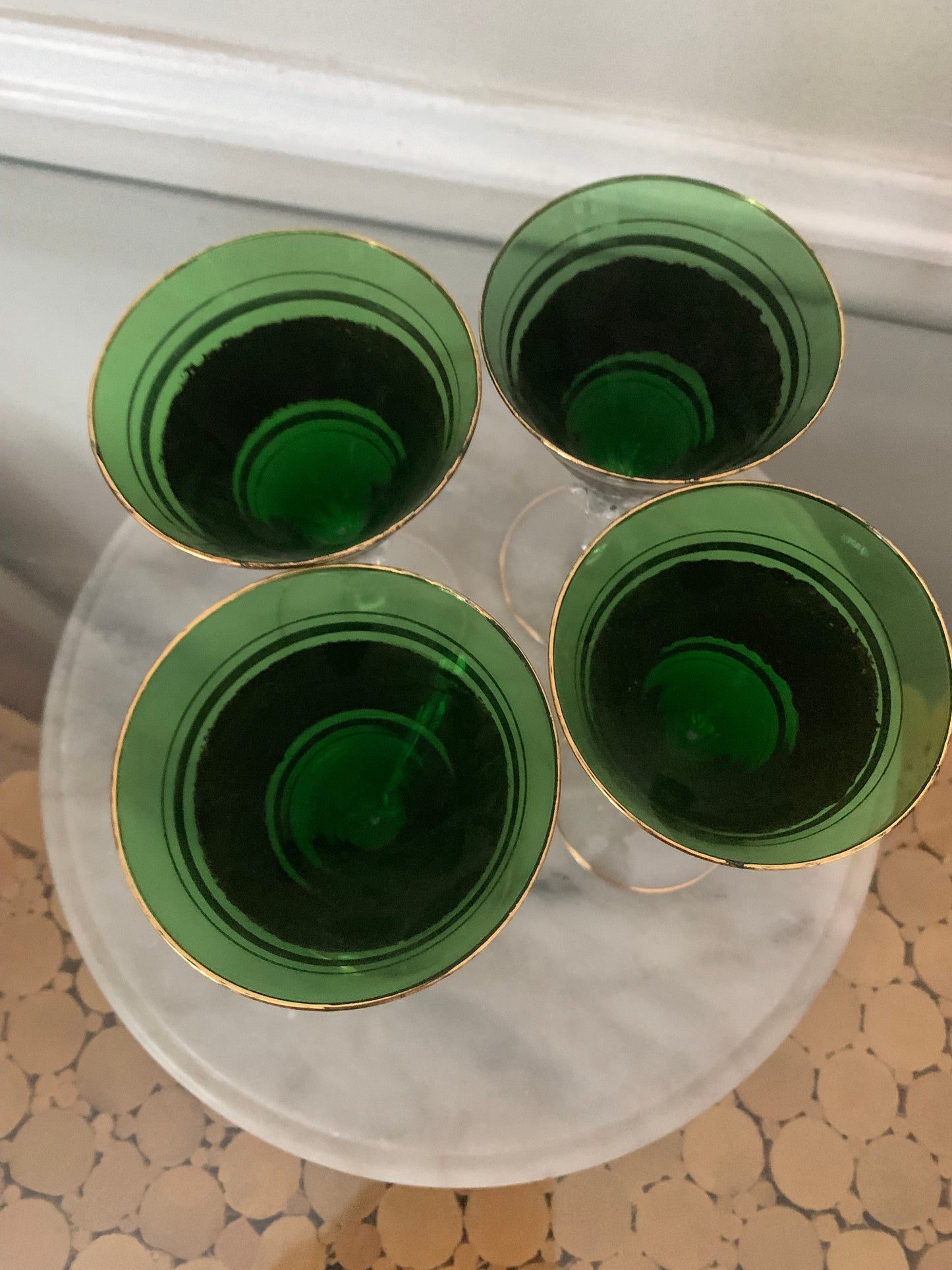 Vintage Set of 4 Short Emerald Green Wine Glasses with Brown and Gold