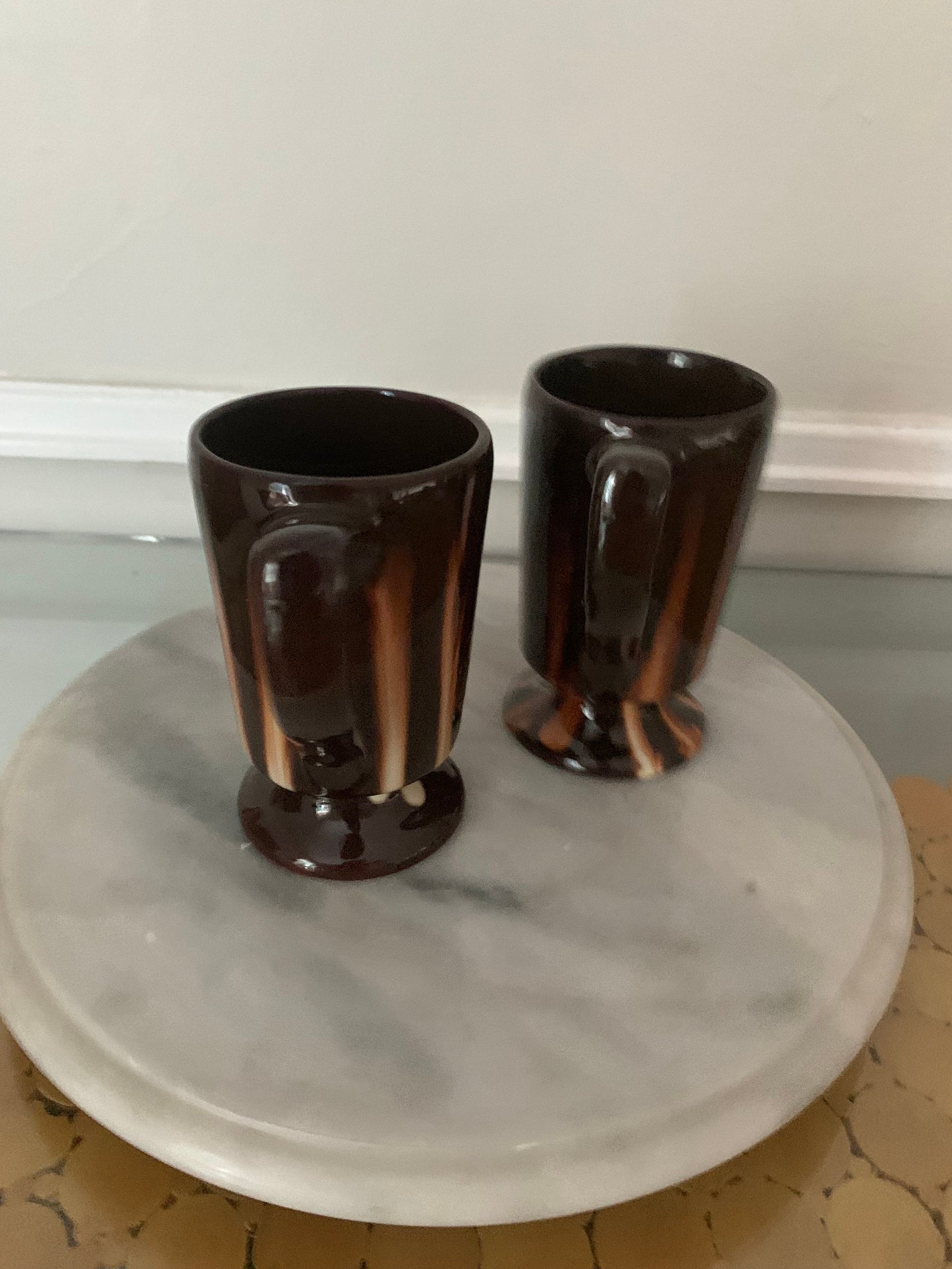 Set of 2 Vintage Brown and Cream Pedestal Pottery Mugs