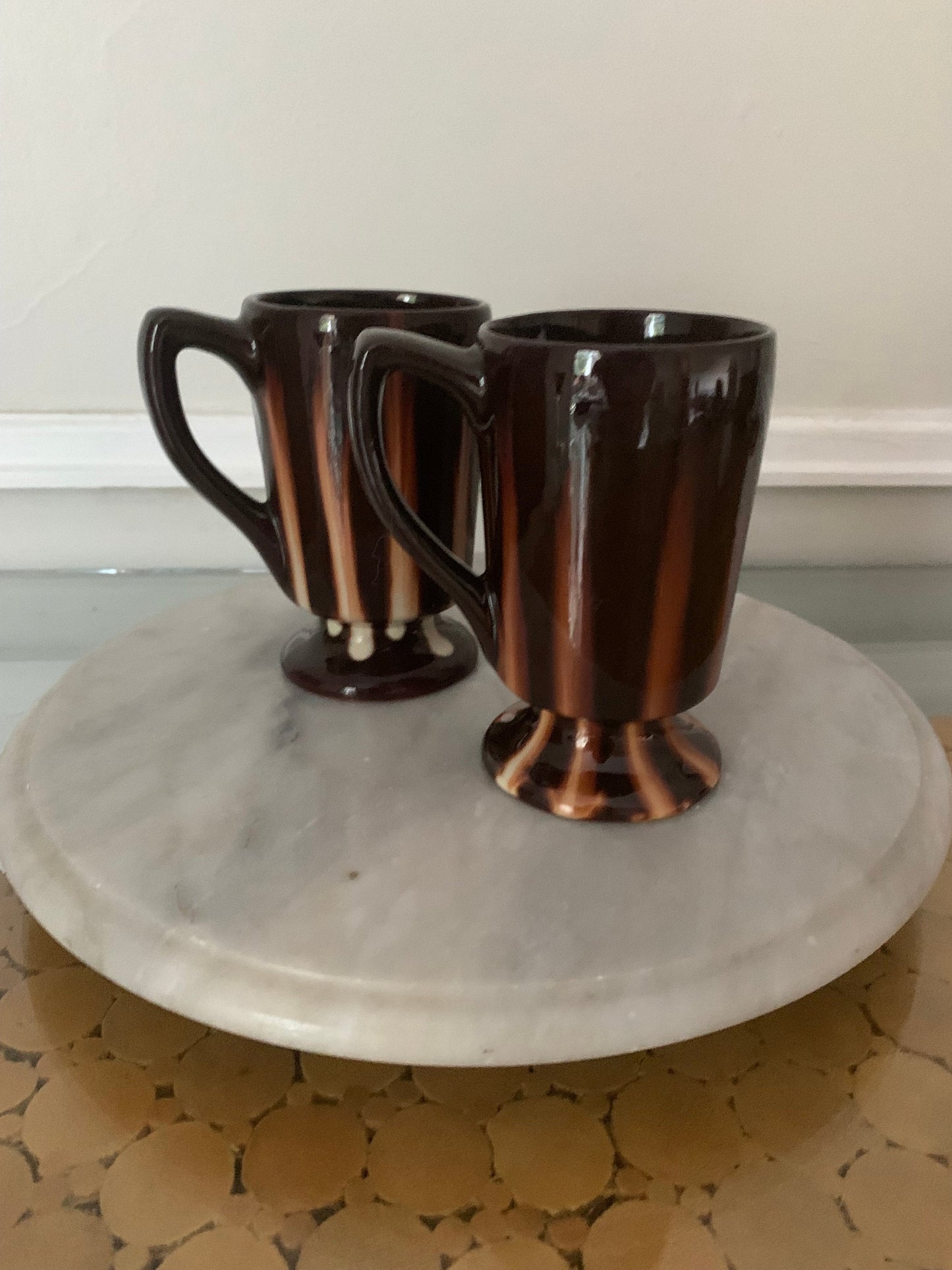 Set of 2 Vintage Brown and Cream Pedestal Pottery Mugs