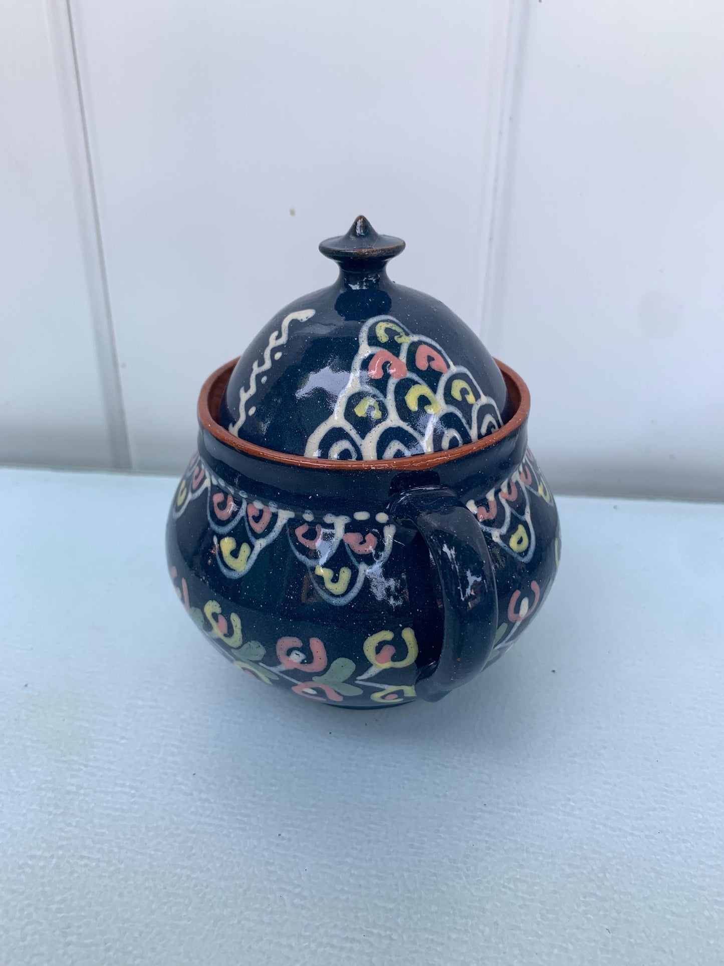 Hand Painted Blue Pink and Yellow Terra Cotta Sugar Bowl