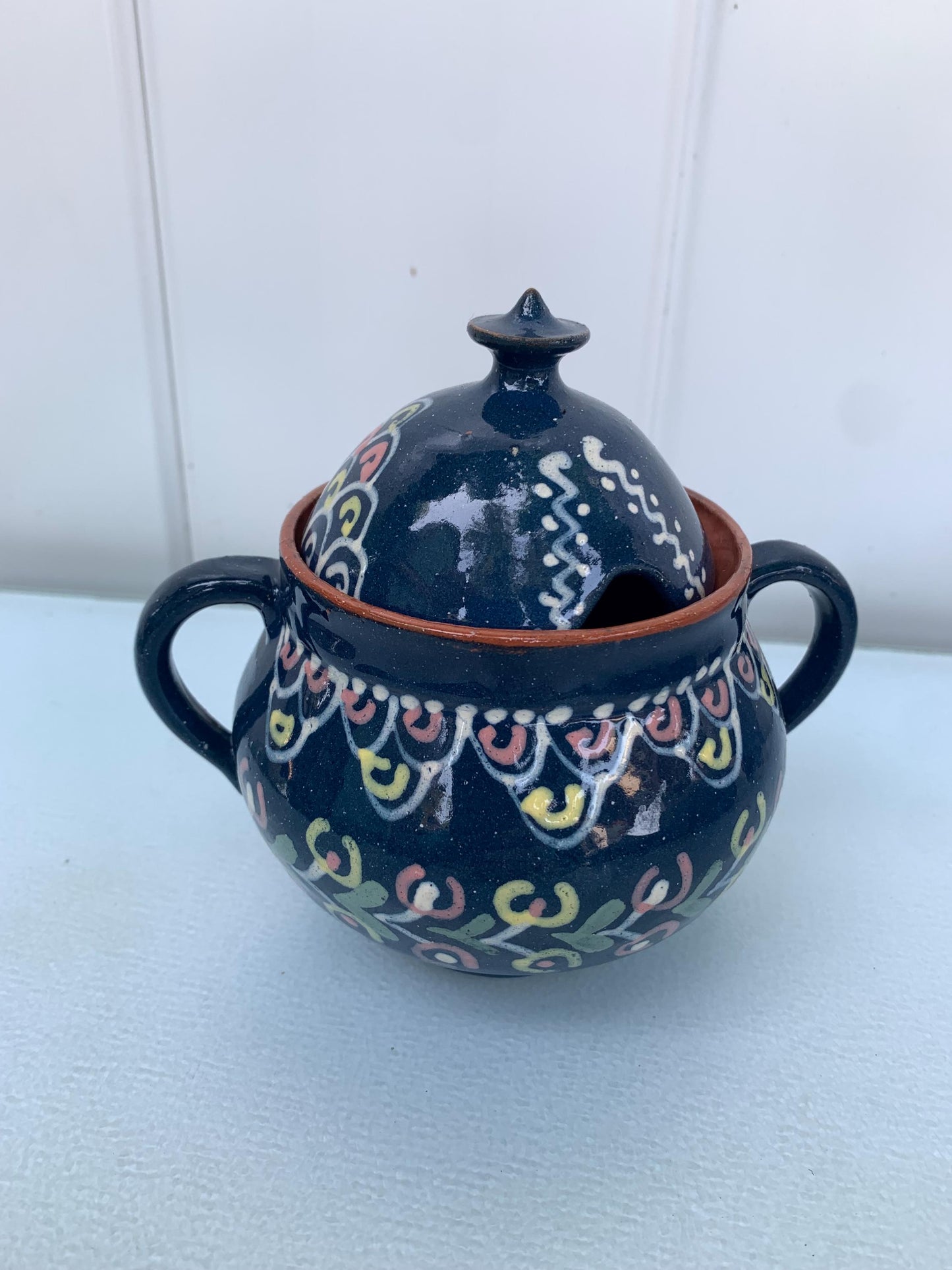 Hand Painted Blue Pink and Yellow Terra Cotta Sugar Bowl