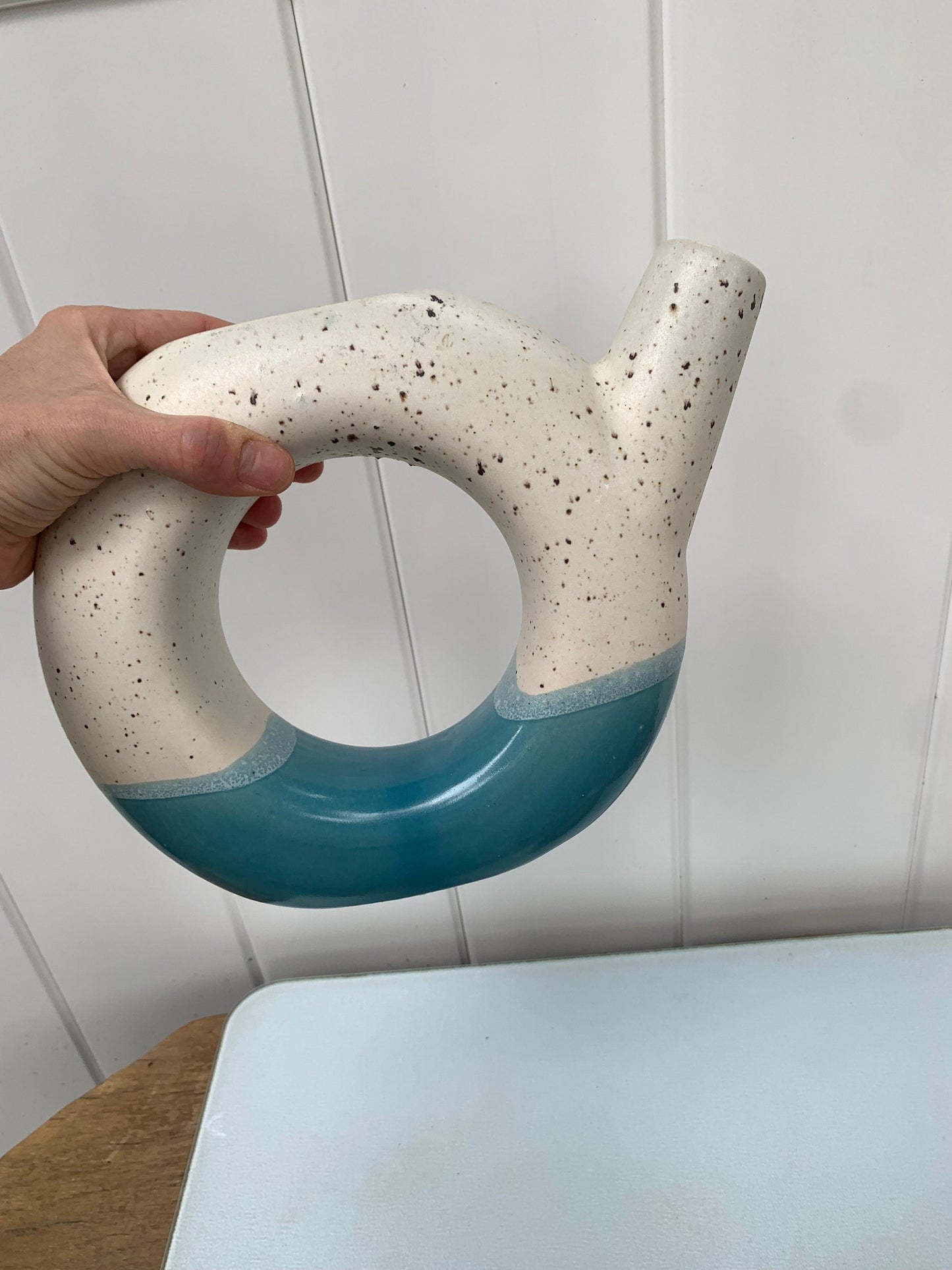 Retro Round Natural Speckled  and Teal Ceramic Watering Can