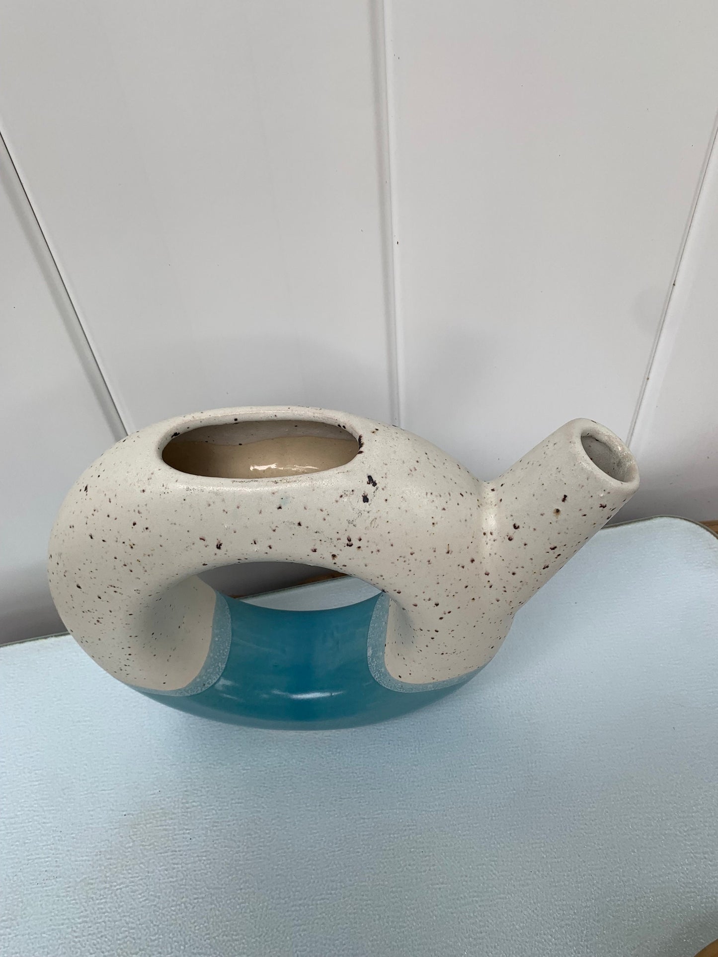 Retro Round Natural Speckled  and Teal Ceramic Watering Can