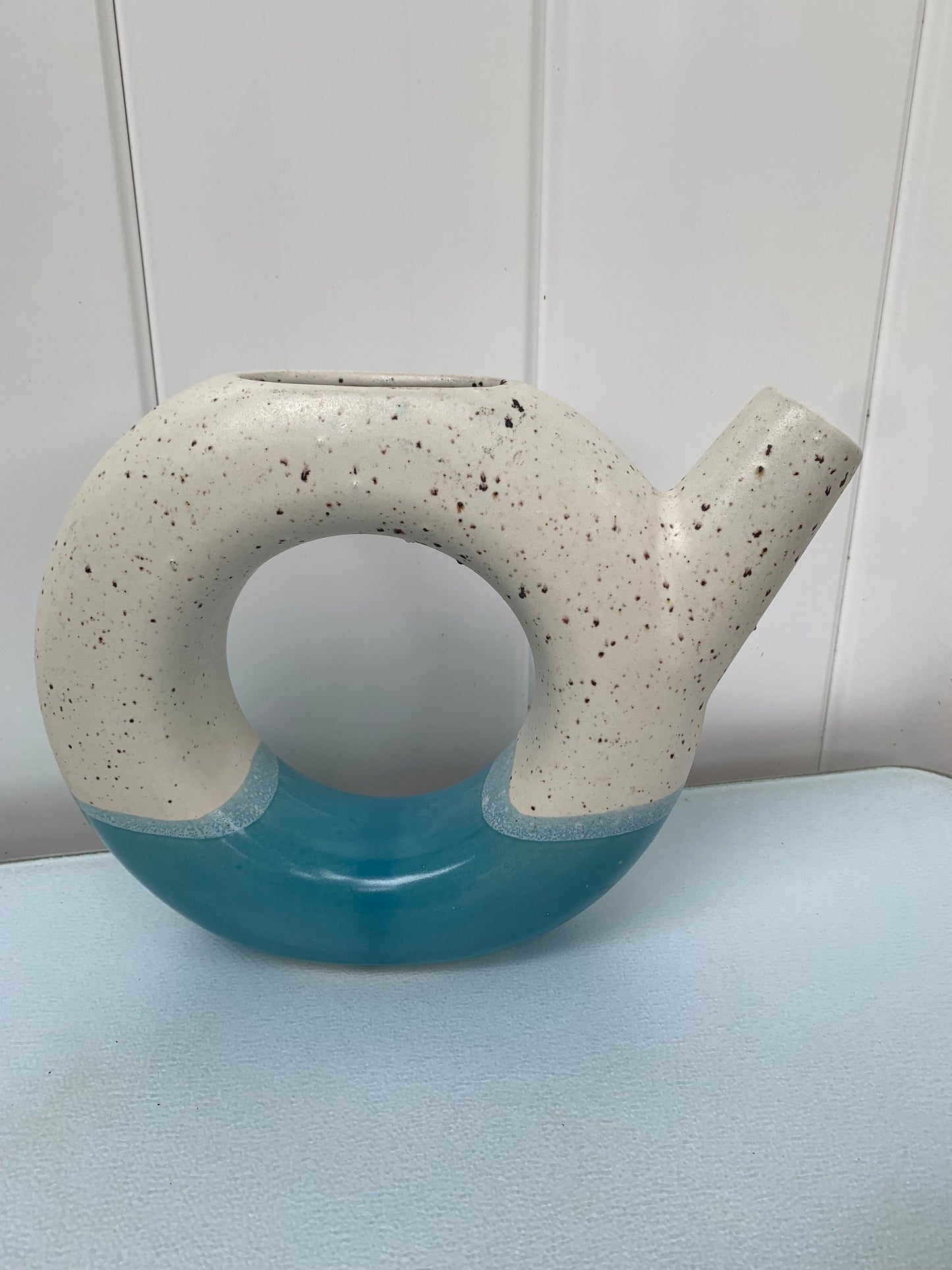 Retro Round Natural Speckled  and Teal Ceramic Watering Can