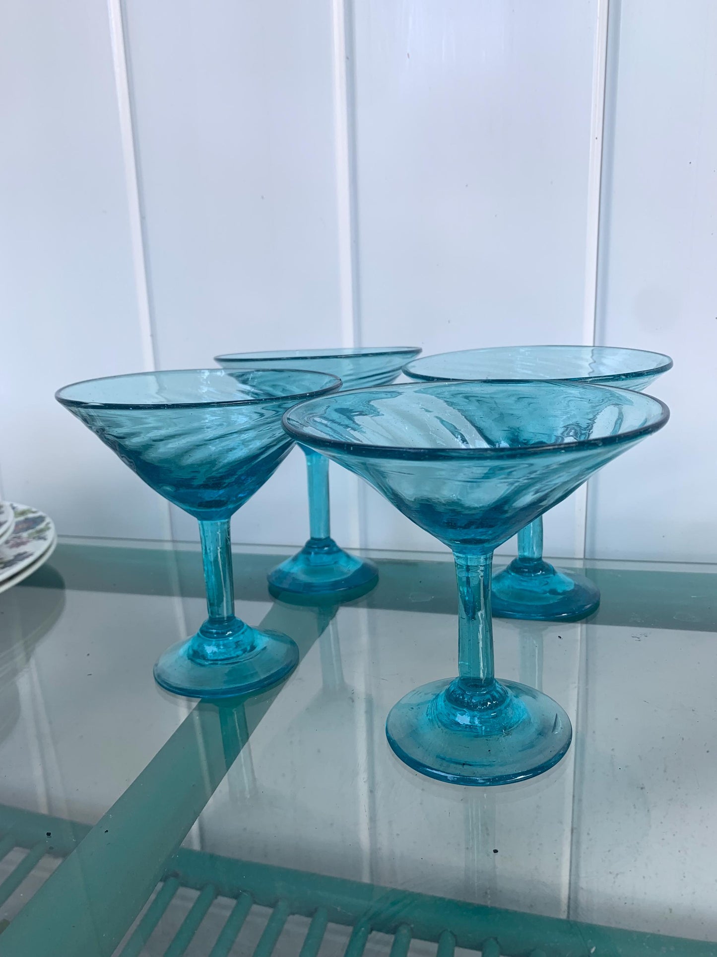 Vintage Set of 4 Handblown Aqua Blue Swirl Martini Glasses