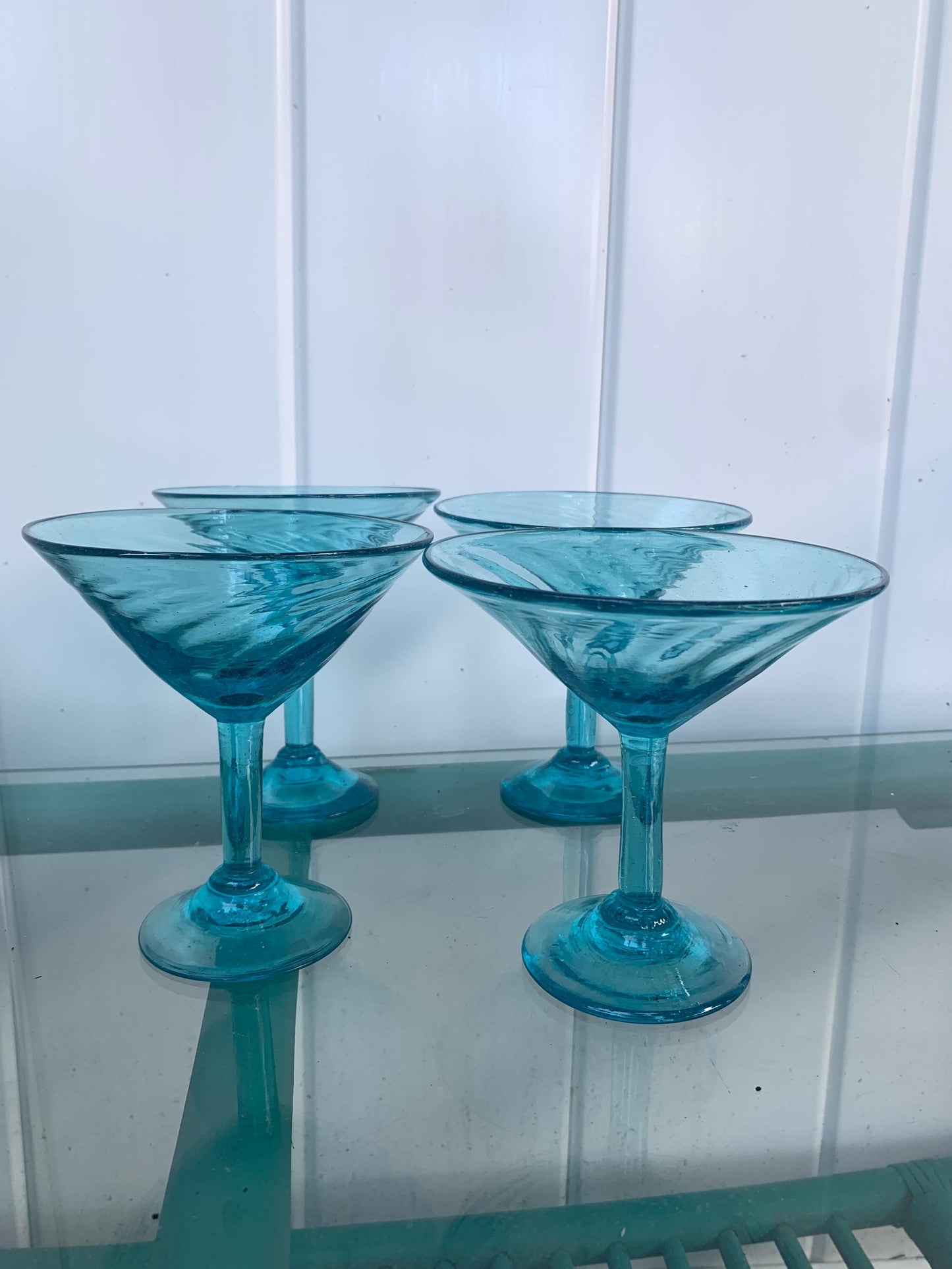 Vintage Set of 4 Handblown Aqua Blue Swirl Martini Glasses