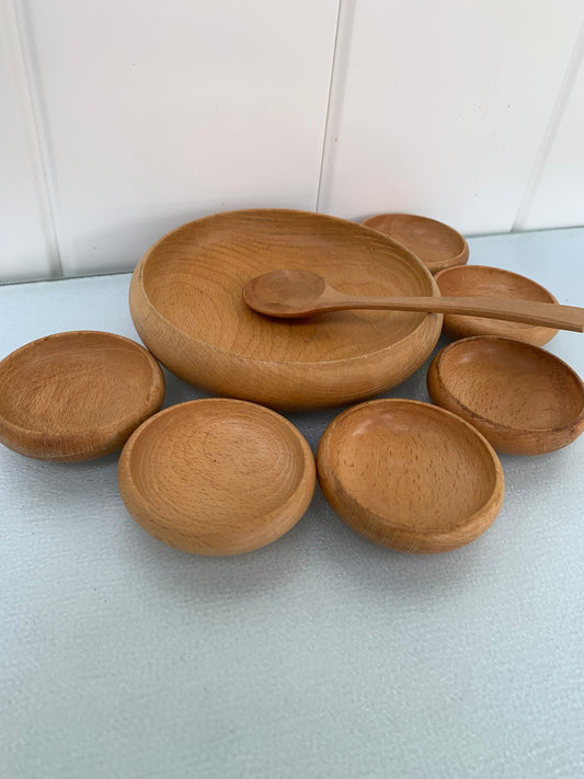 Vintage Maple Wood Condiment Bowl with 6 Mini Bowls and Spoon