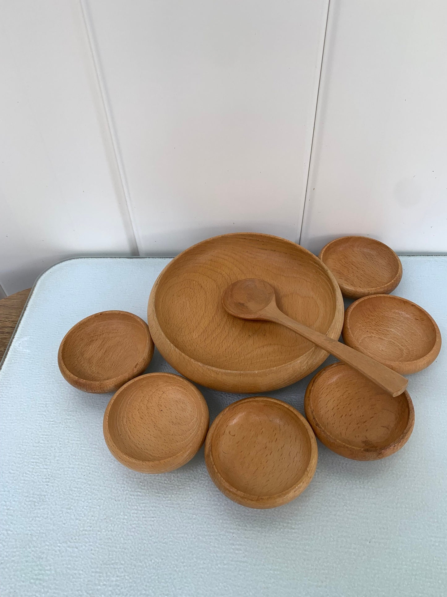 Vintage Maple Wood Condiment Bowl with 6 Mini Bowls and Spoon