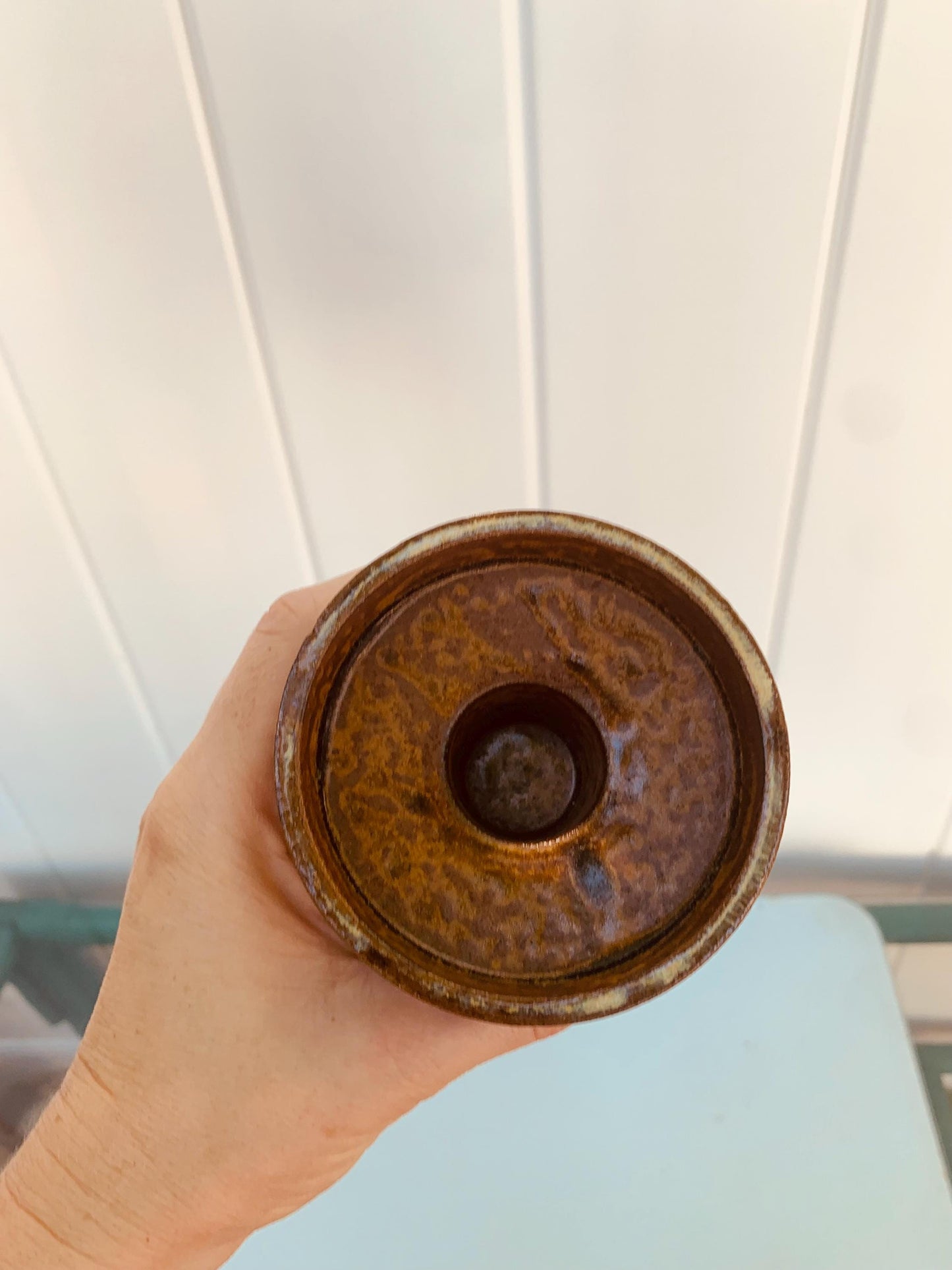 MCM Brown Drip Glaze Pottery Candle Holder