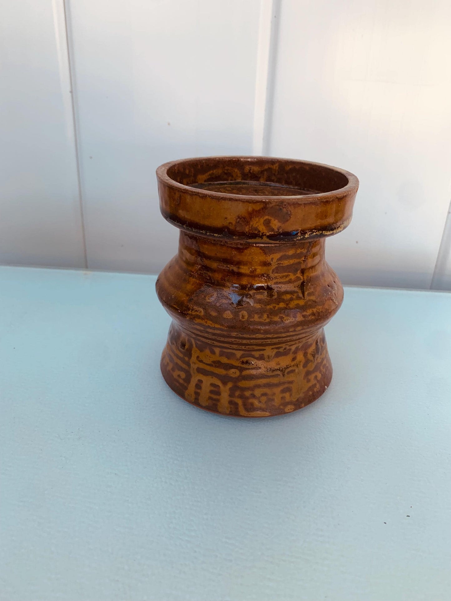 MCM Brown Drip Glaze Pottery Candle Holder