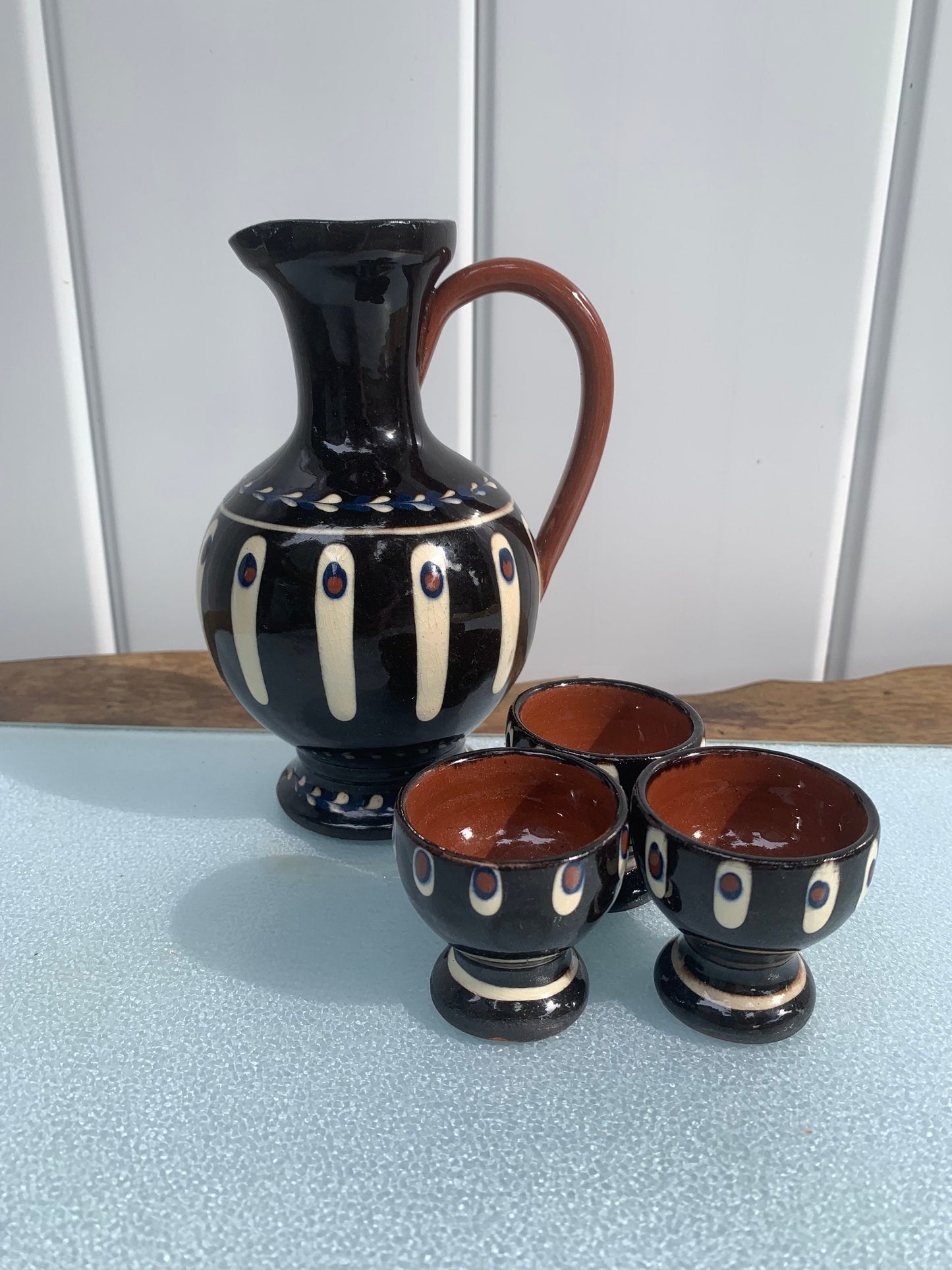 Vintage Brown Pottery Decanter with 3 Small Cups