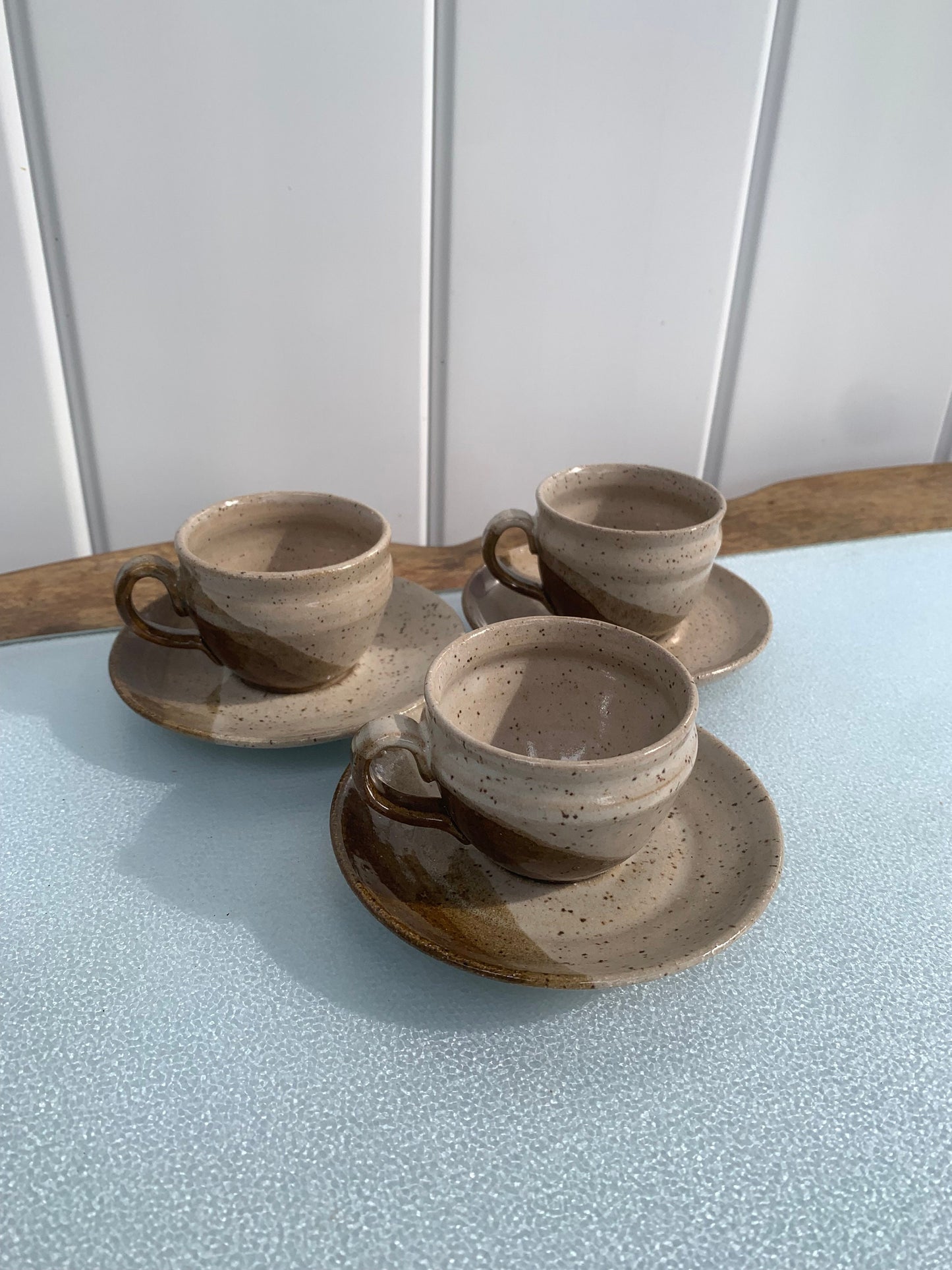 Vintage Set of 3 Brown Striped Pottery Espresso Cups and Saucers