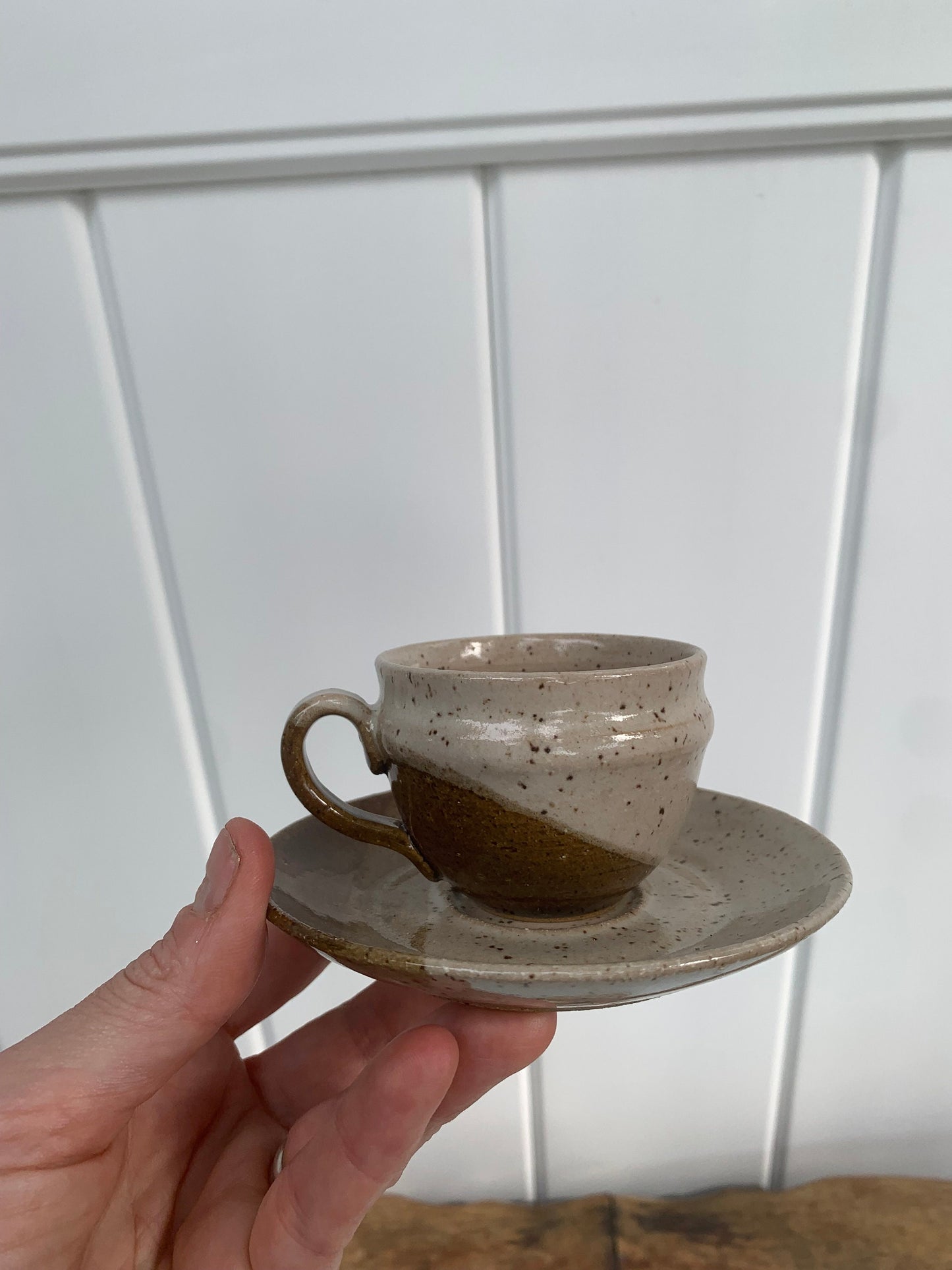 Vintage Set of 3 Brown Striped Pottery Espresso Cups and Saucers