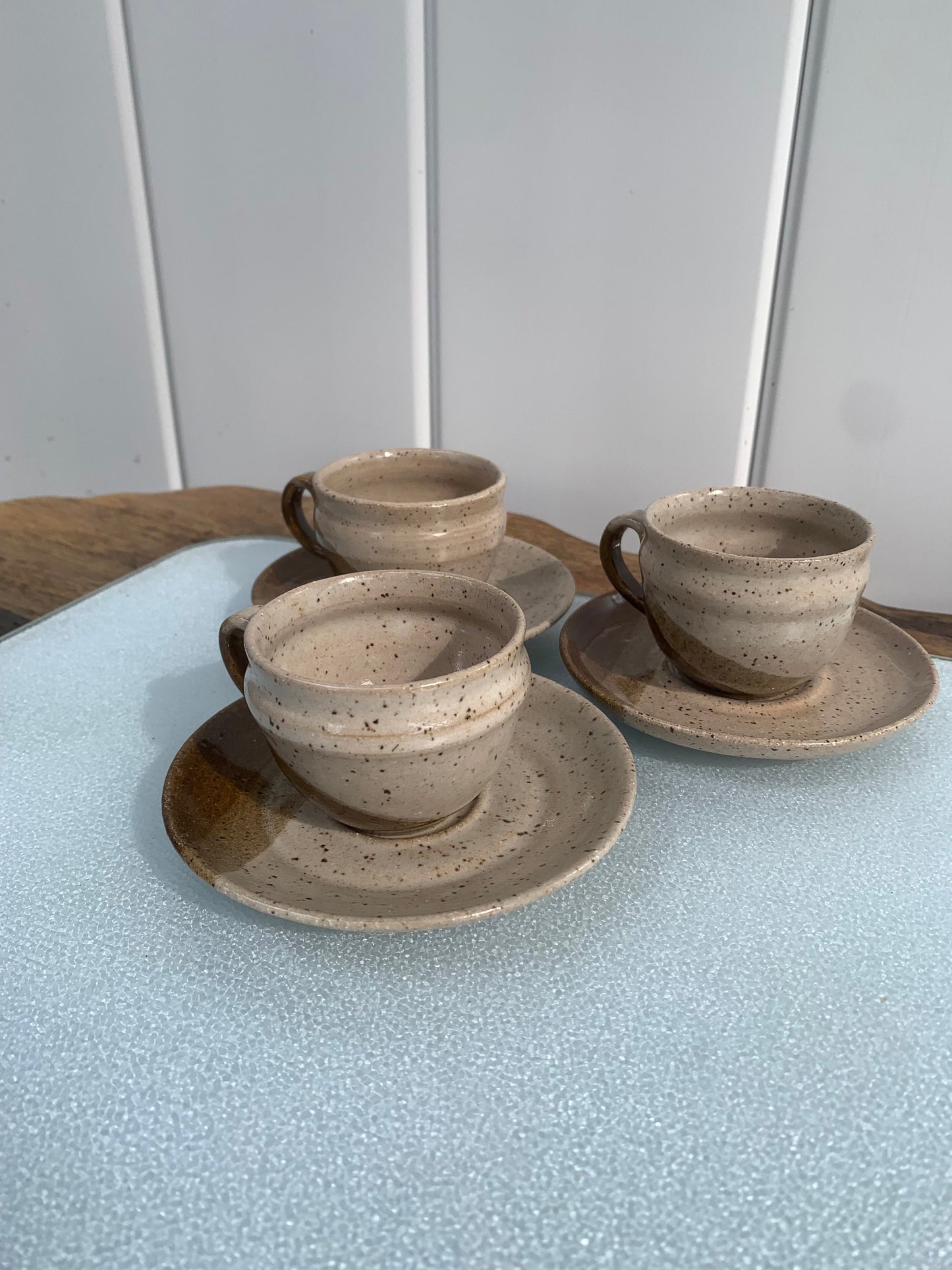 Vintage Set of 3 Brown Striped Pottery Espresso Cups and Saucers