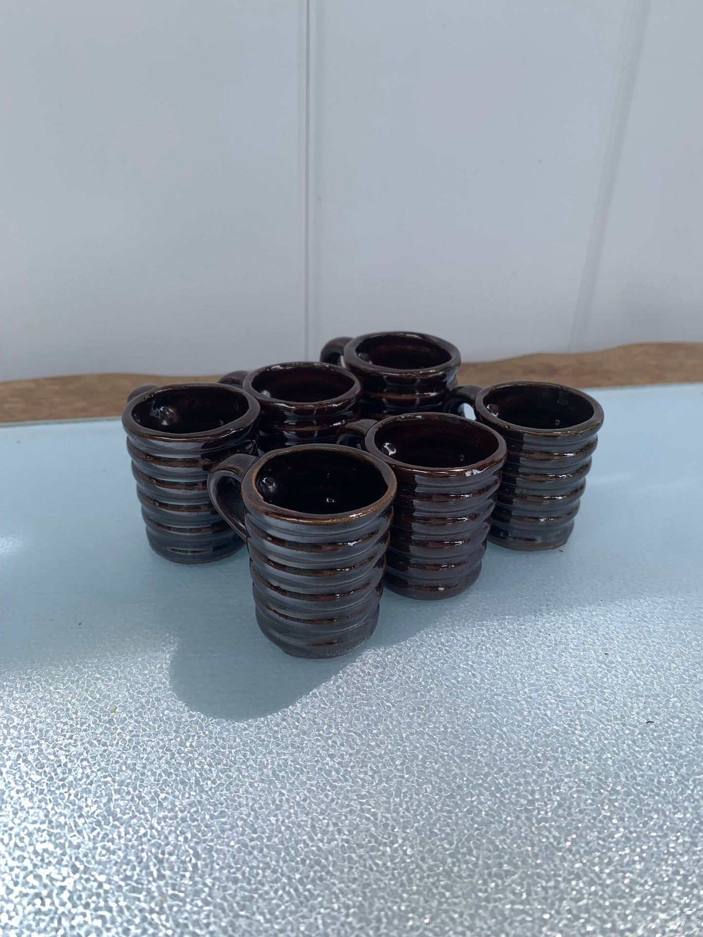 Set of 6 Teeny Ceramic Glazed Brown Mugs