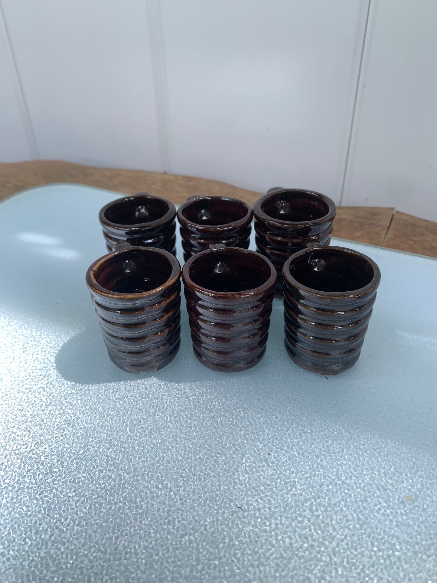 Set of 6 Teeny Ceramic Glazed Brown Mugs