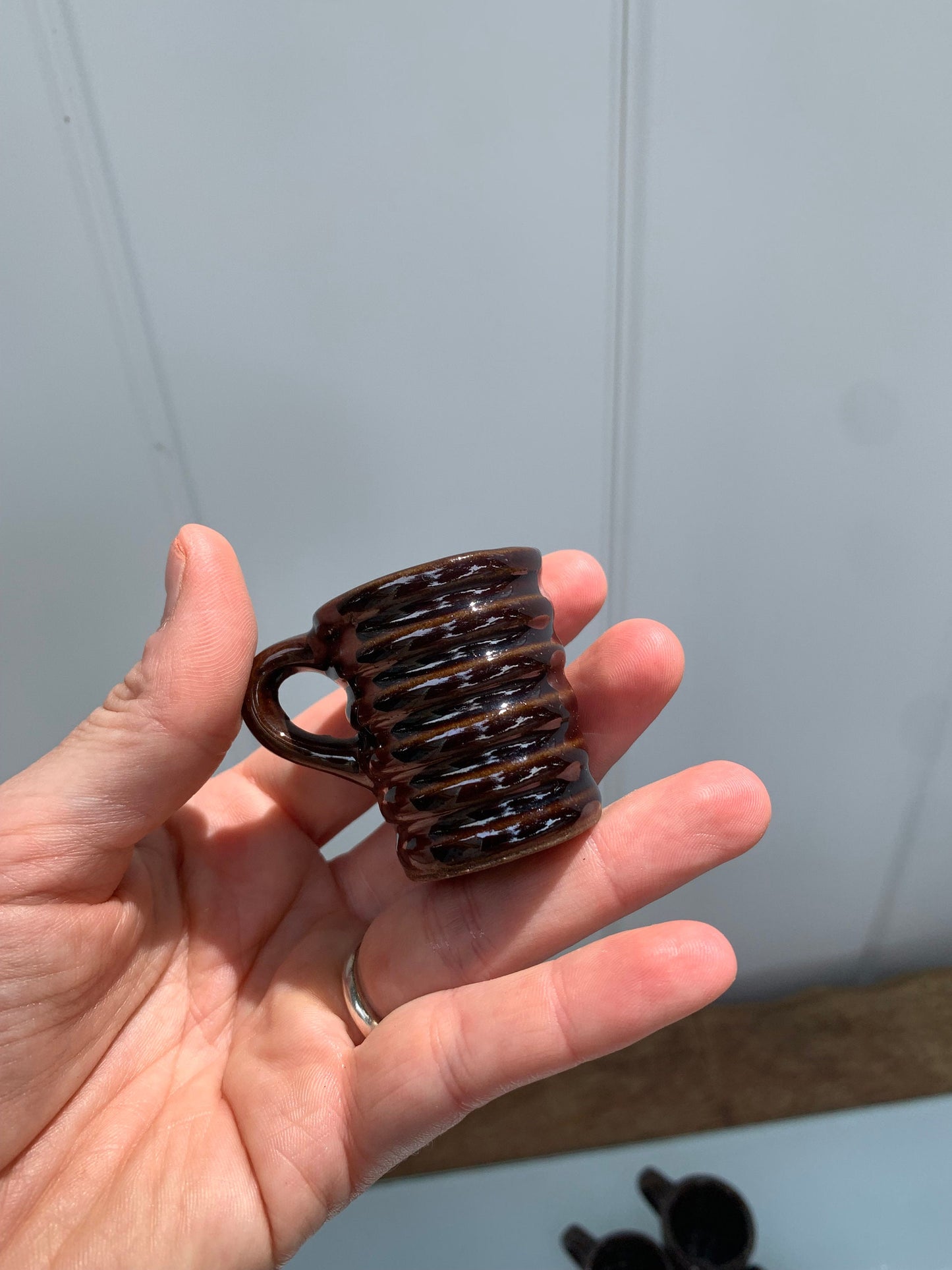 Set of 6 Teeny Ceramic Glazed Brown Mugs