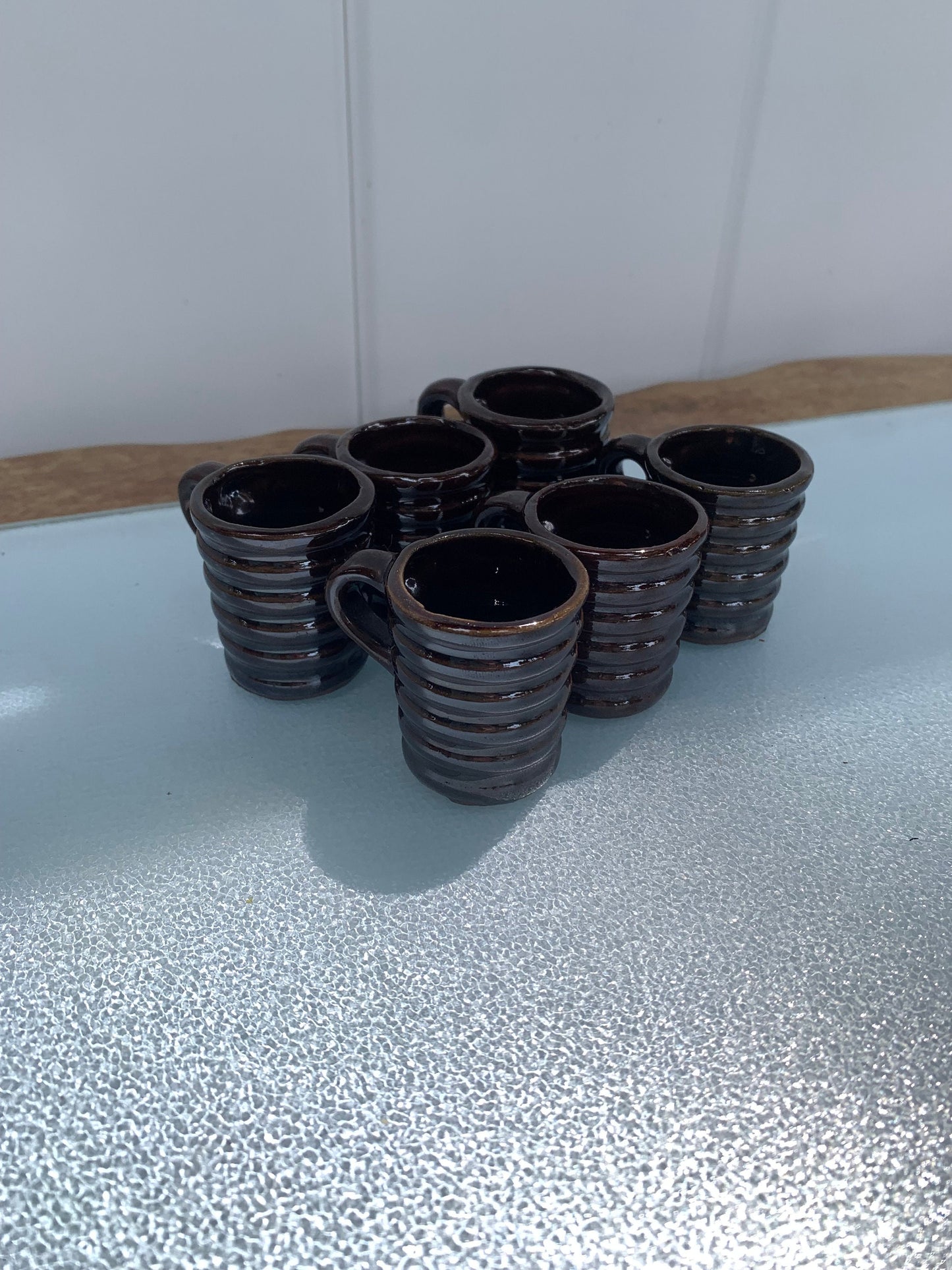 Set of 6 Teeny Ceramic Glazed Brown Mugs