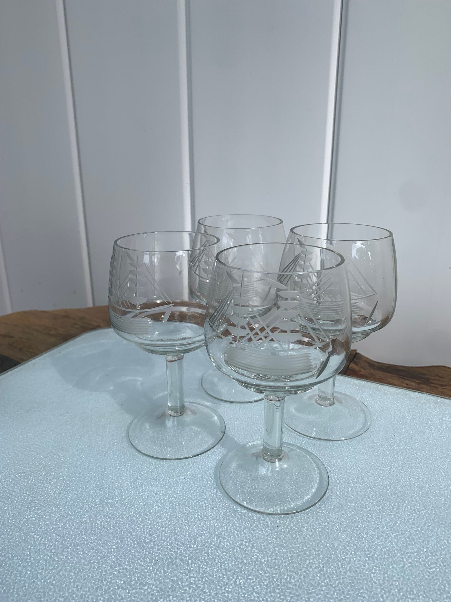 Vintage Set of 4 Etched Sailboat Wine Glasses