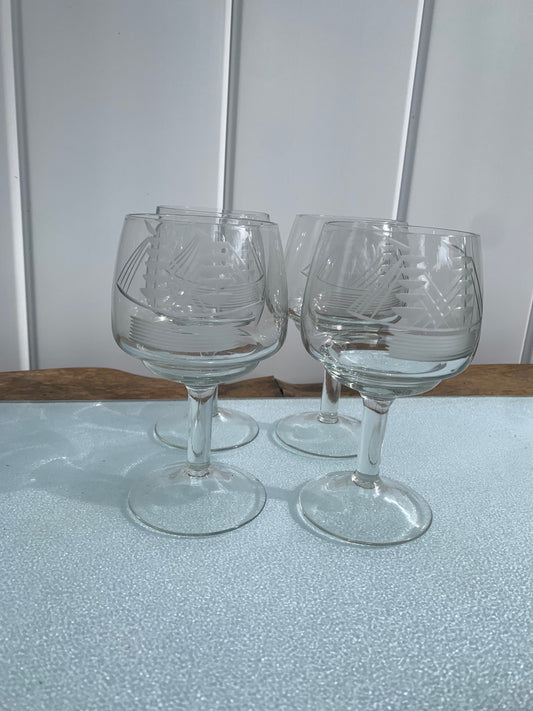 Vintage Set of 4 Etched Sailboat Wine Glasses