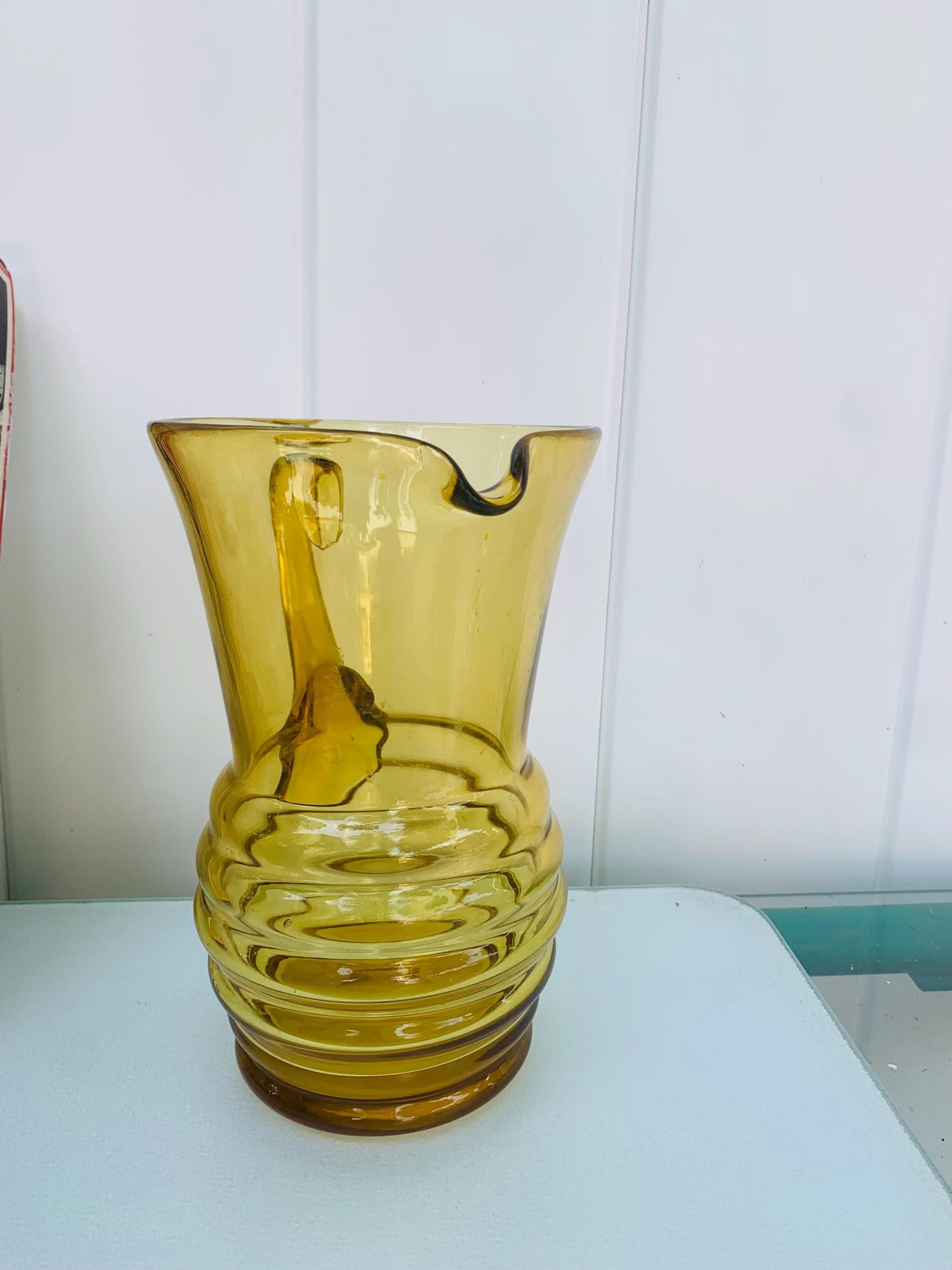 MCM Yellow Glass Pitcher with Beehive Bottom