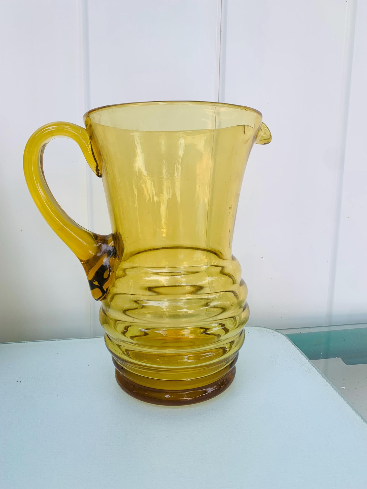 MCM Yellow Glass Pitcher with Beehive Bottom