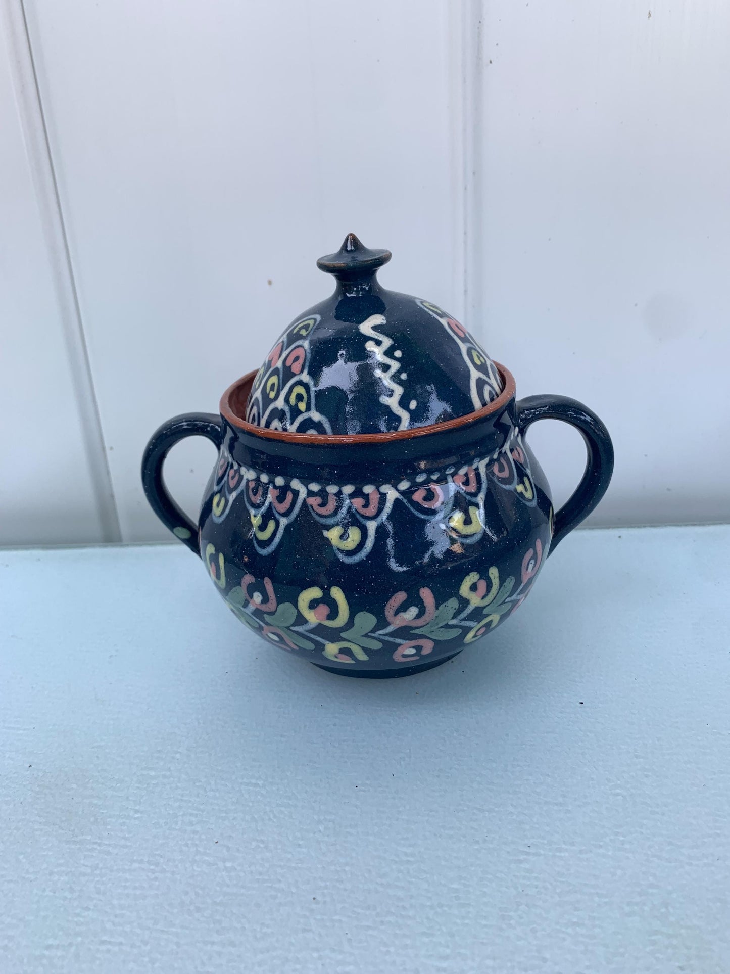 Hand Painted Blue Pink and Yellow Terra Cotta Sugar Bowl