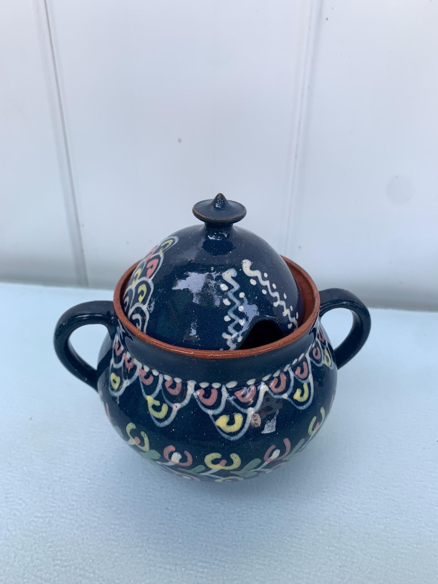 Hand Painted Blue Pink and Yellow Terra Cotta Sugar Bowl