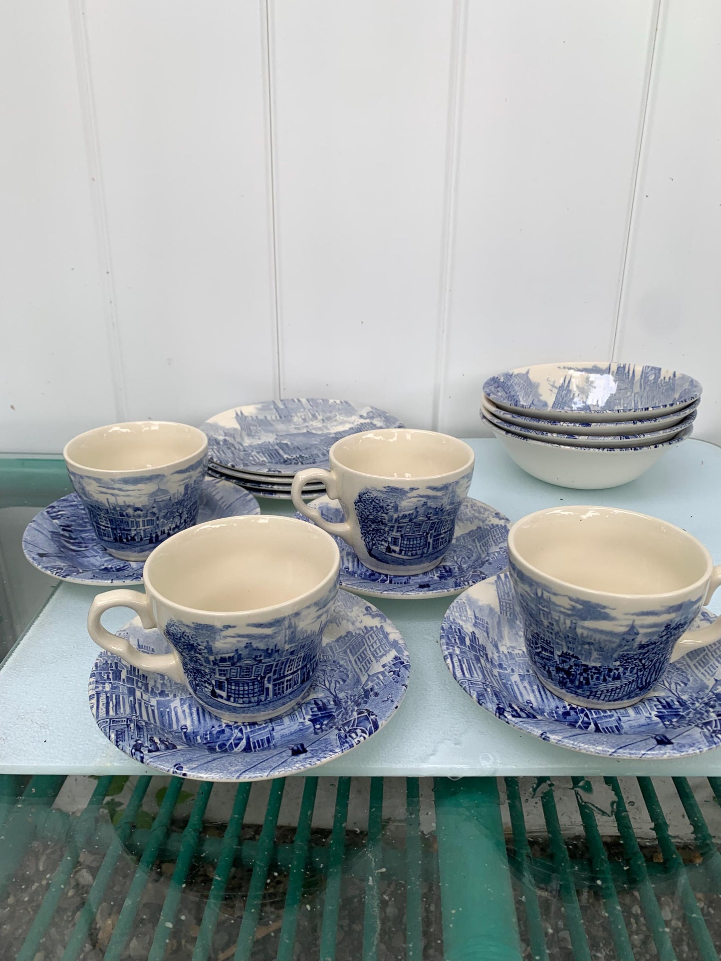 Set of 16 Vintage Classic Blue Transfer Ware Cup and Saucer Side Plate and Bowl Set