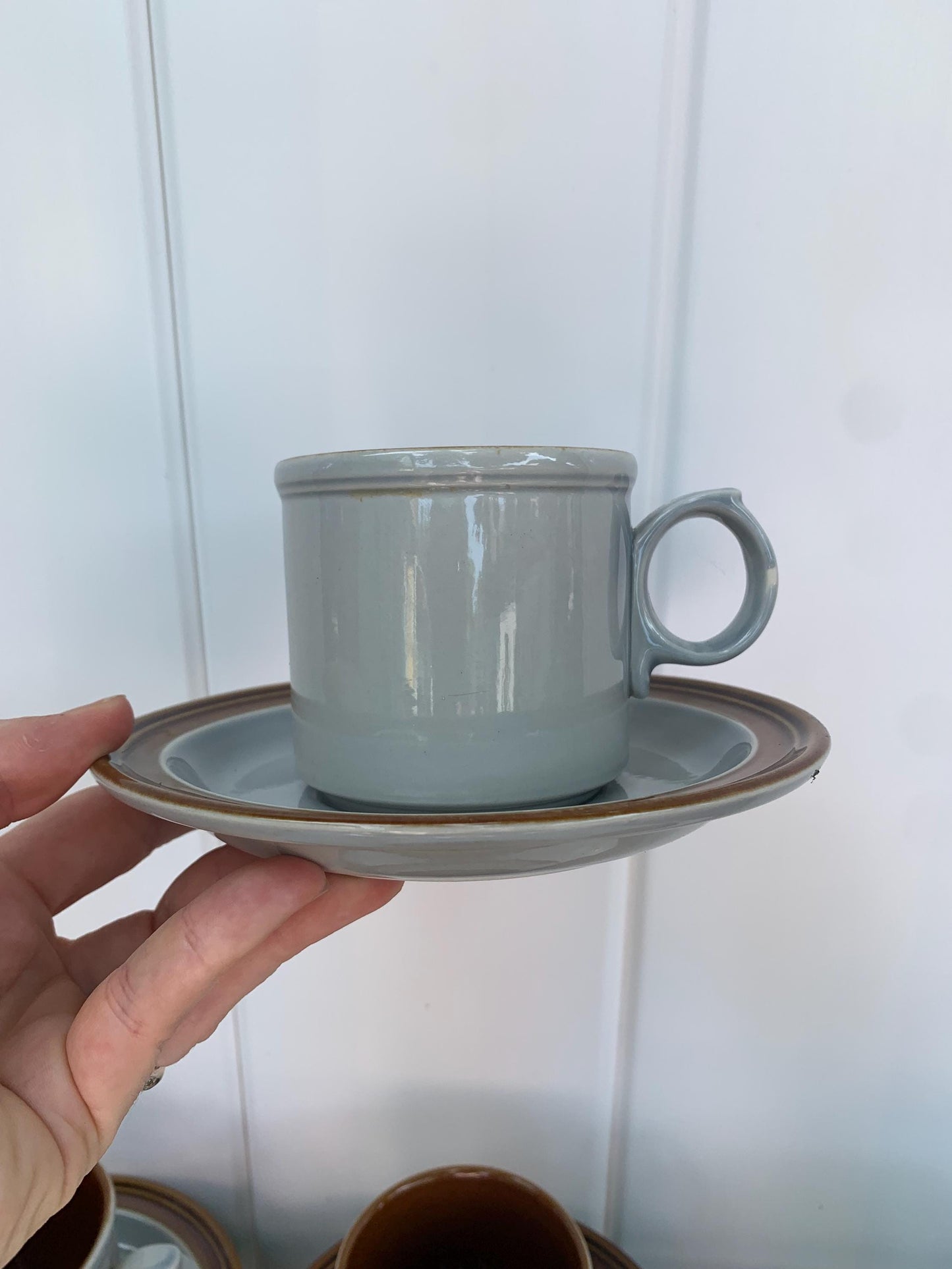 Vintage Johnson Bros Set of 4 Light Blue and Dark Brown Cups and Saucers with Creamer Made in England