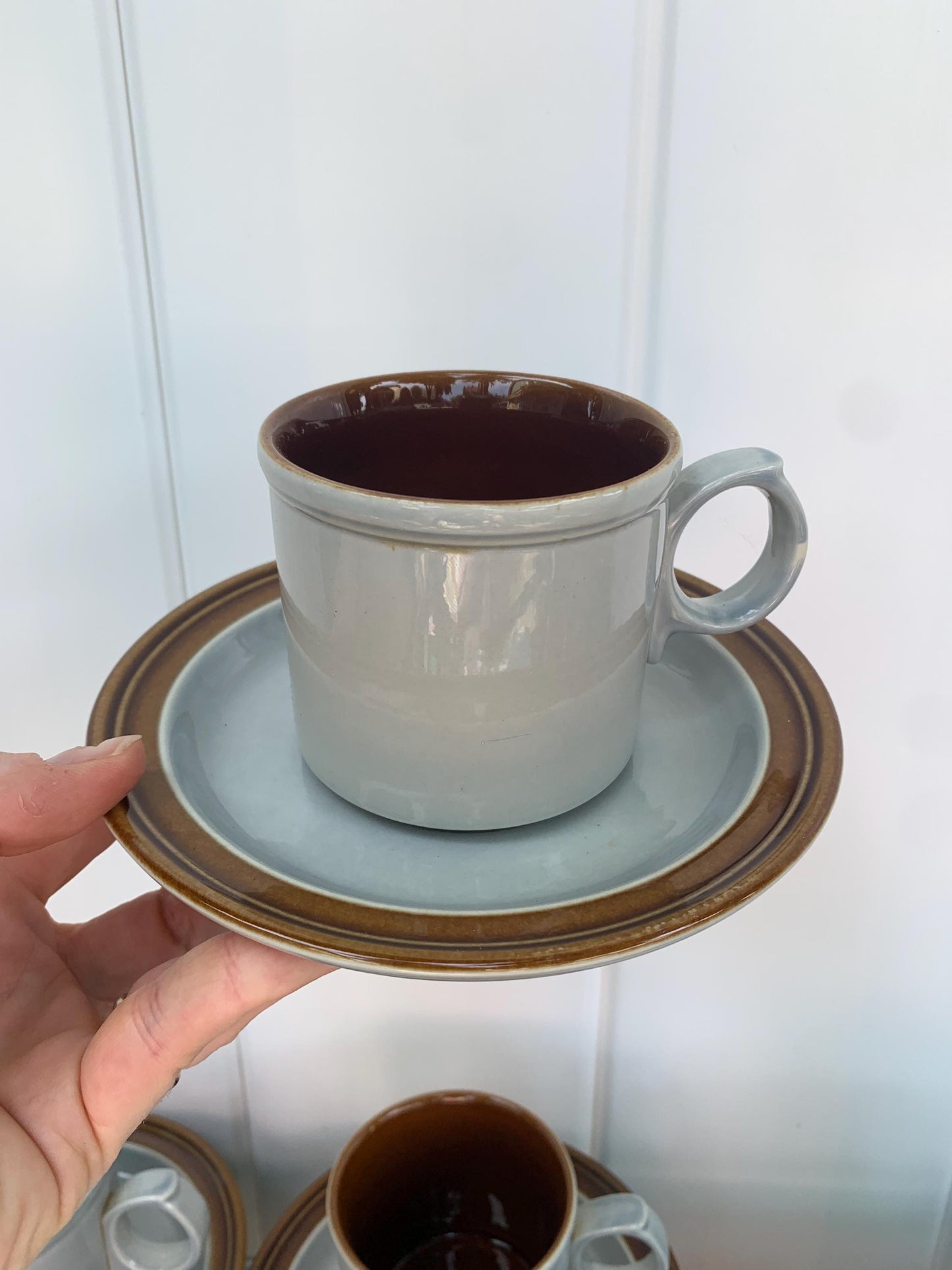 Vintage Johnson Bros Set of 4 Light Blue and Dark Brown Cups and Saucers with Creamer Made in England