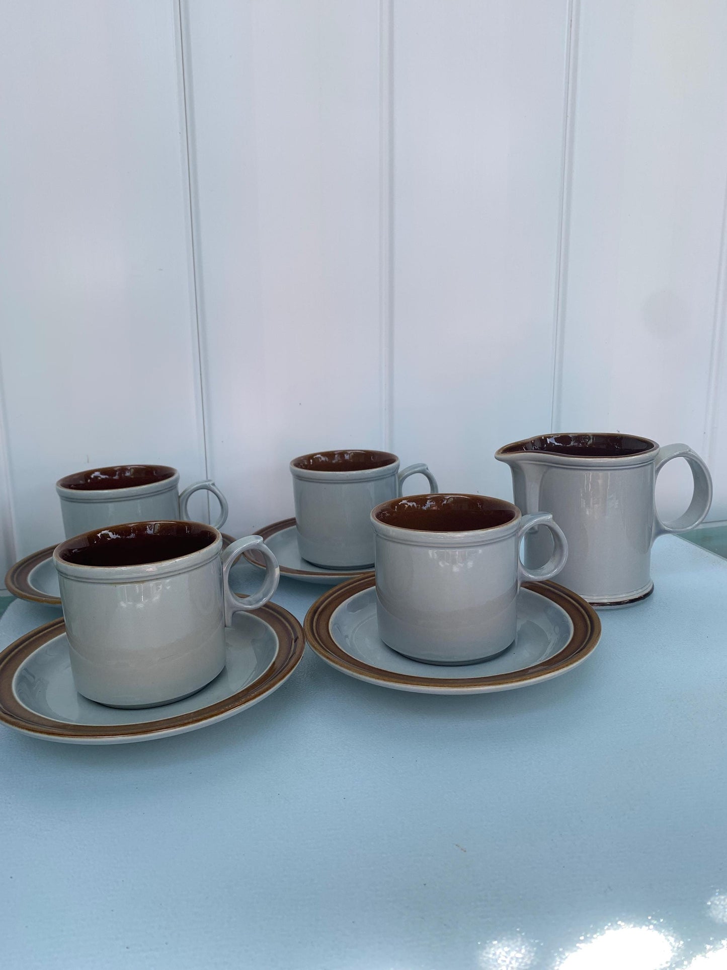 Vintage Johnson Bros Set of 4 Light Blue and Dark Brown Cups and Saucers with Creamer Made in England