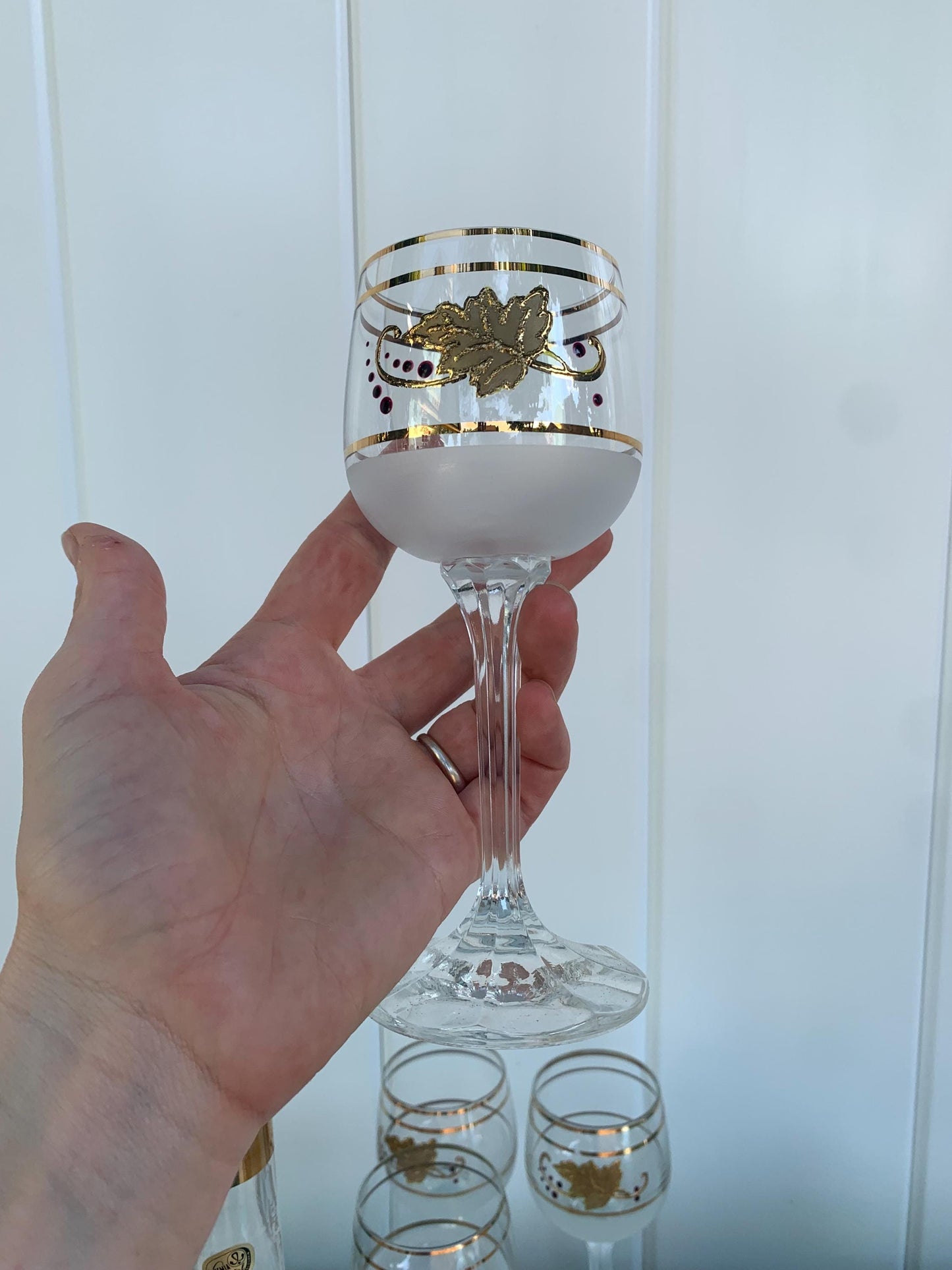 Vintage Set of Bohemia Crystal Decanter with 6 Satin Glasses and Gold Wine Glasses
