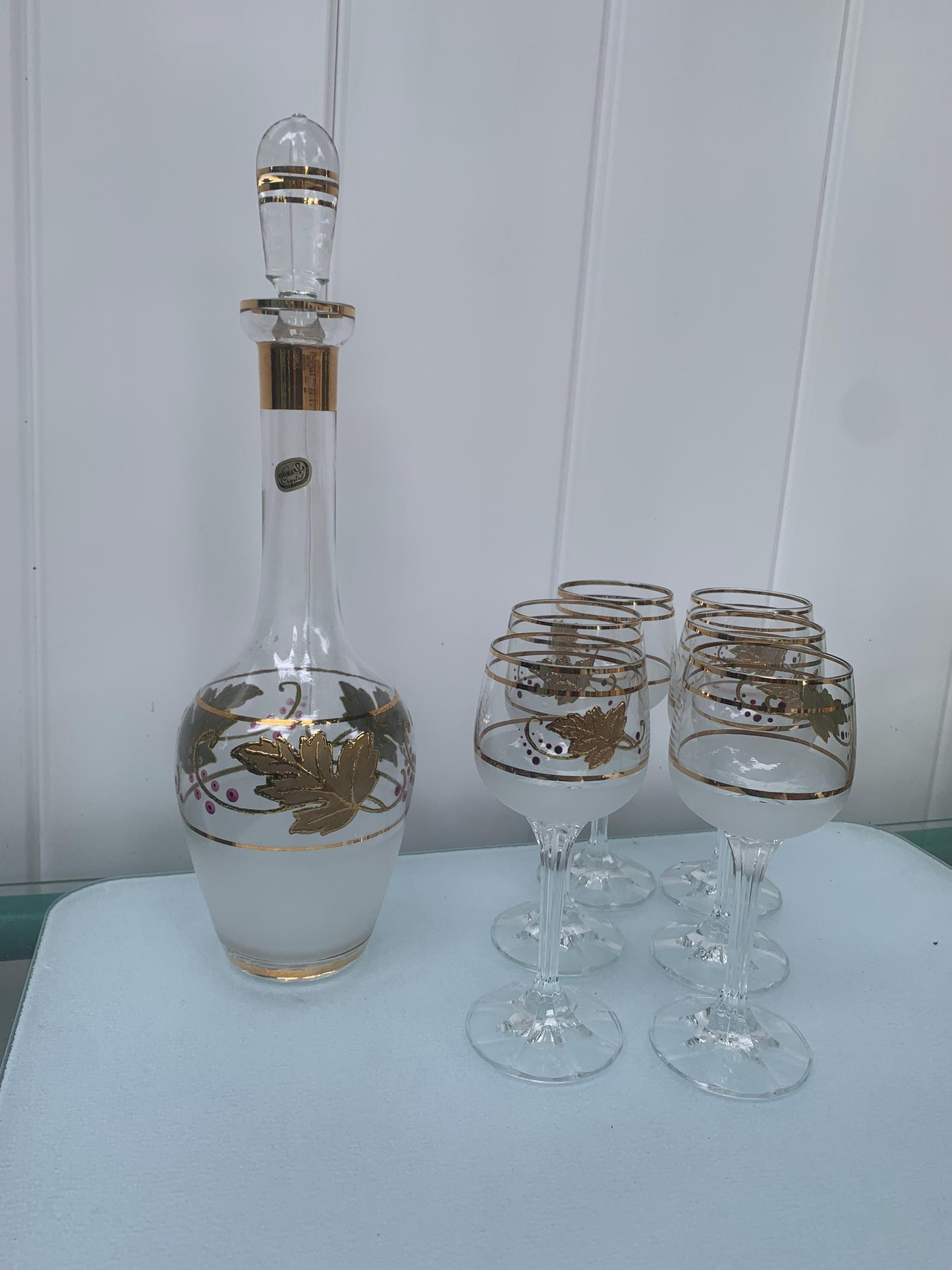 Vintage Set of Bohemia Crystal Decanter with 6 Satin Glasses and Gold Wine Glasses