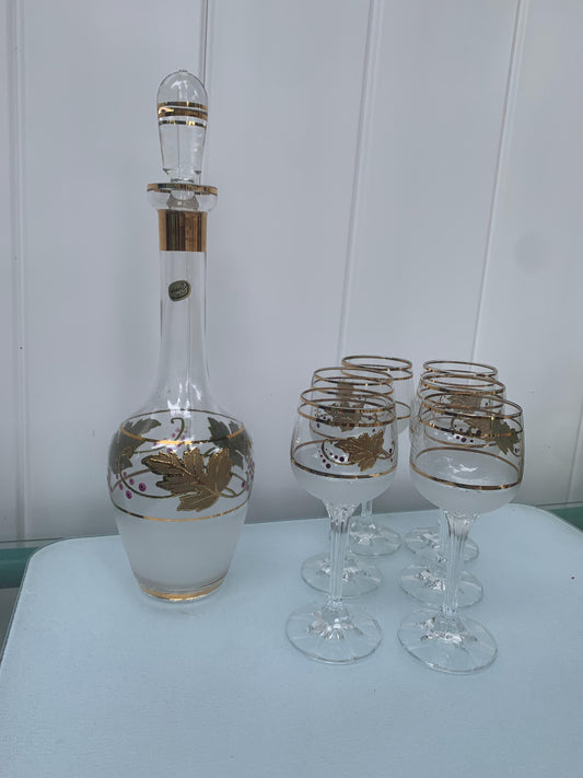 Vintage Set of Bohemia Crystal Decanter with 6 Satin Glasses and Gold Wine Glasses