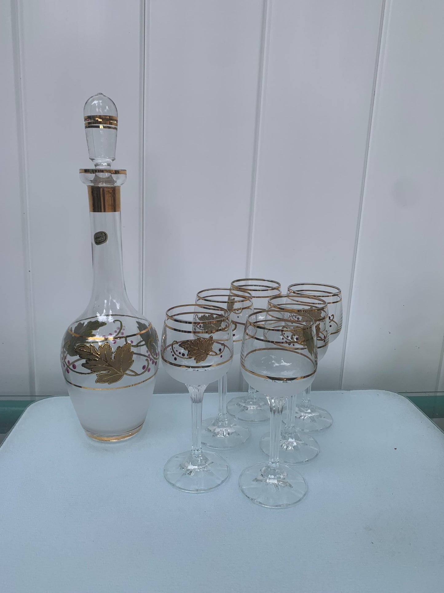 Vintage Set of Bohemia Crystal Decanter with 6 Satin Glasses and Gold Wine Glasses