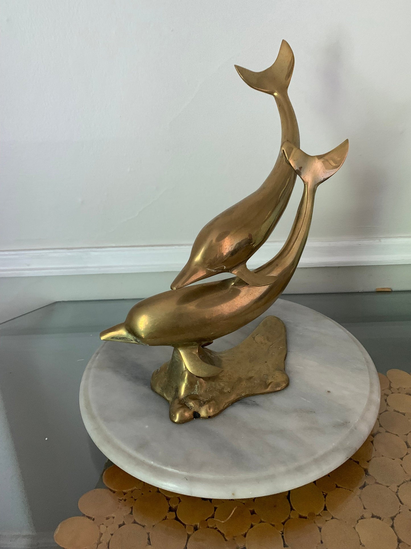 Large Vintage Pair of brass dolphins sculpture