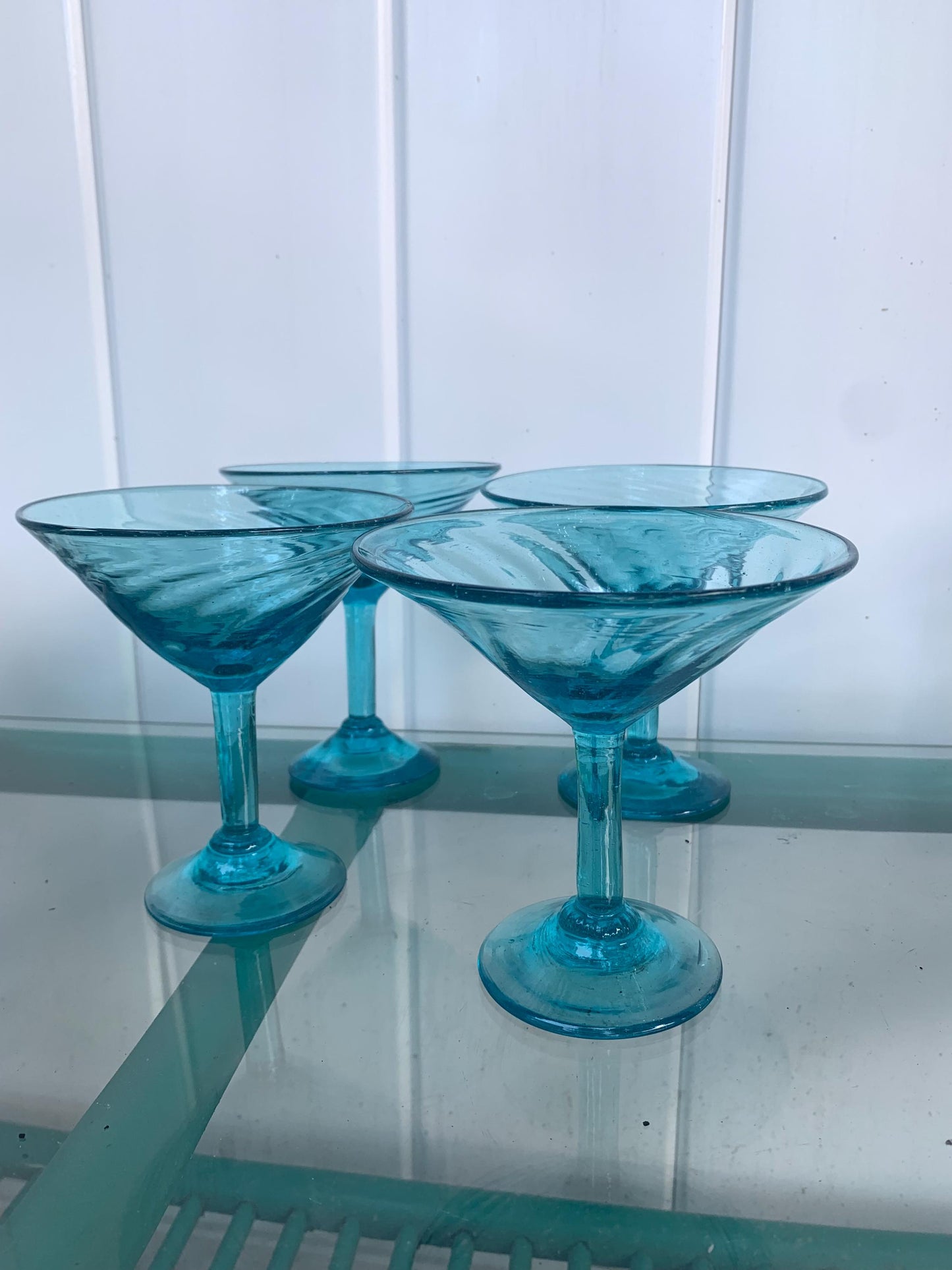Vintage Set of 4 Handblown Aqua Blue Swirl Martini Glasses