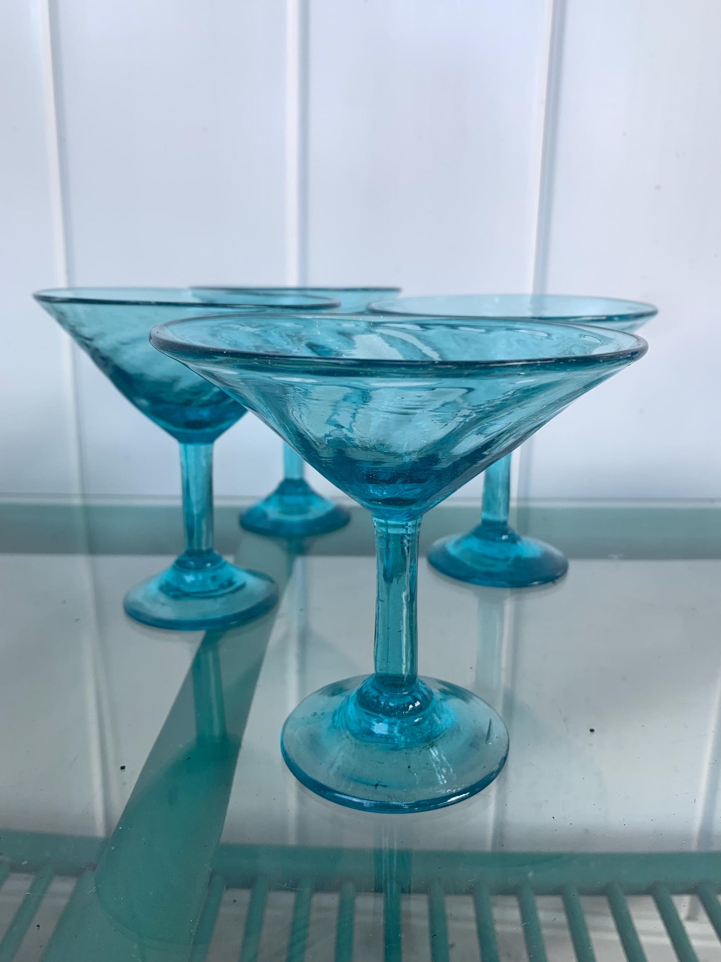 Vintage Set of 4 Handblown Aqua Blue Swirl Martini Glasses